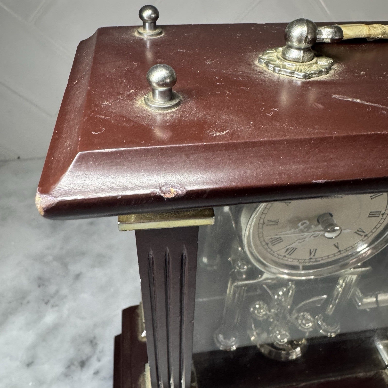 Wallace Silversmiths Quartz Mantel Clock Wooden Glass Desk Shelf Decor 80s VTG