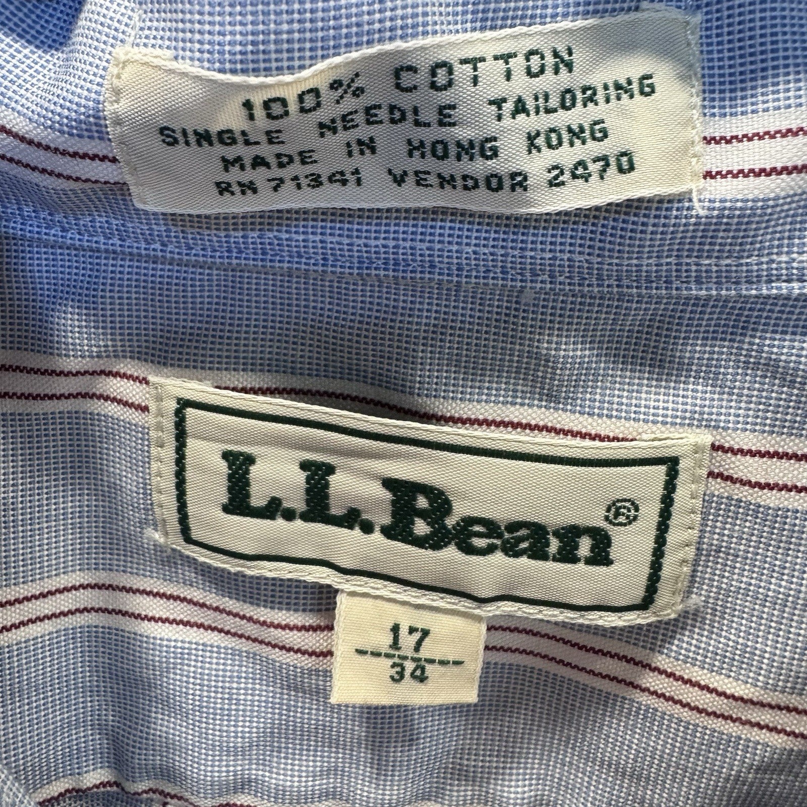 L.L.Bean Men’s 100% Cotton Striped Button-Down Shirt 17/34 Made In Hong Kong
