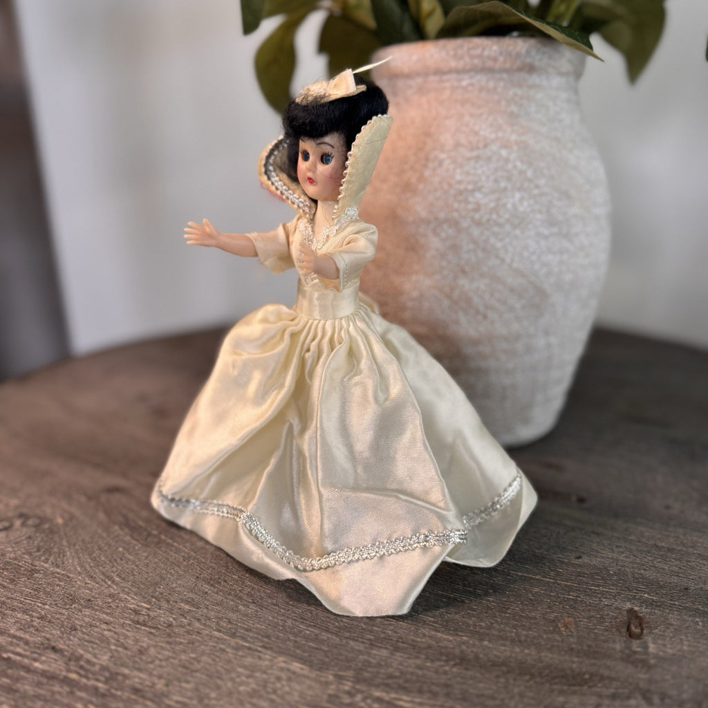 Vintage 8" Sleepy Eye Bride Doll Cream Satin Gown Silver Trim Made in China