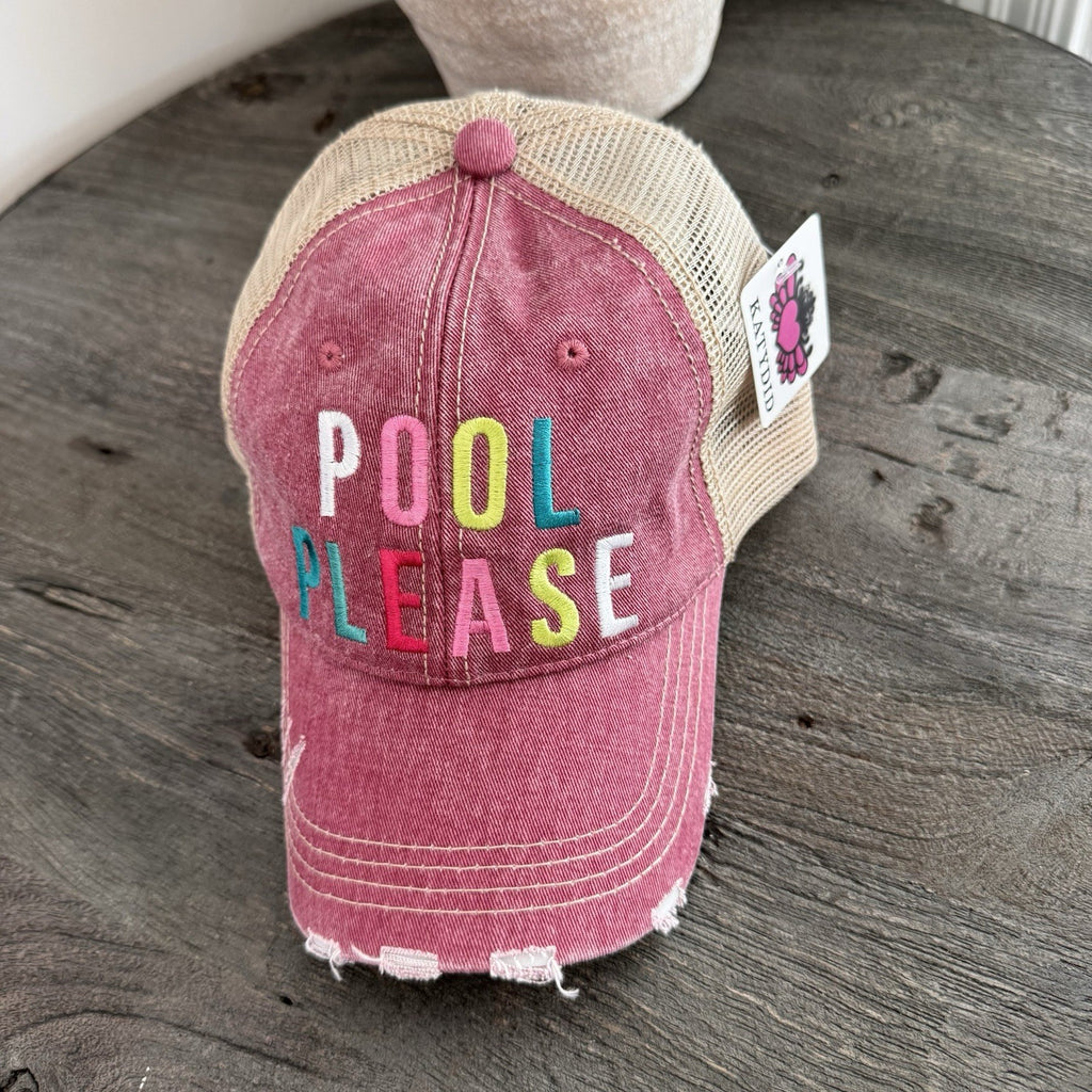 Pool Please Hat KatyDid Pink Trucker Distressed Mesh Snapback Cap NWT Boutique
