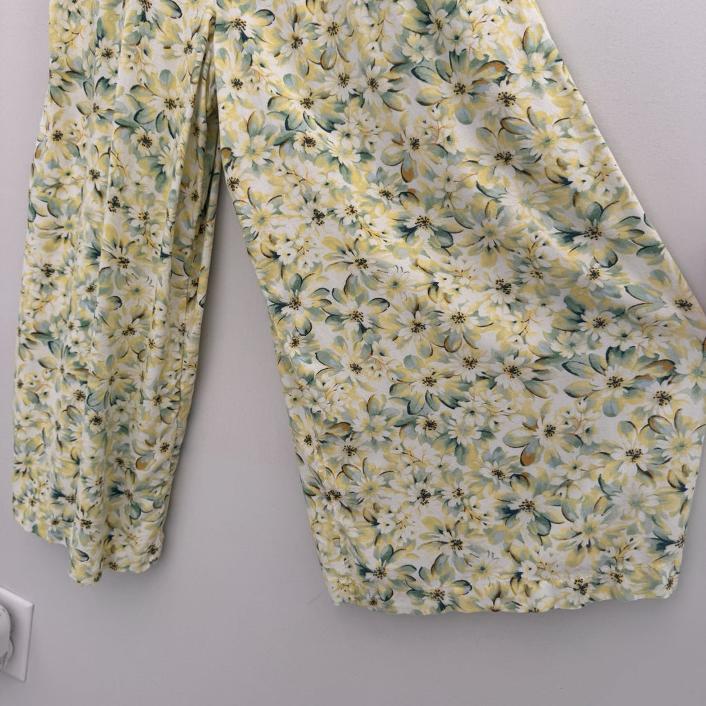American Eagle Women’s M Petite Floral Cutout Wide Leg Jumpsuit Yellow Green
