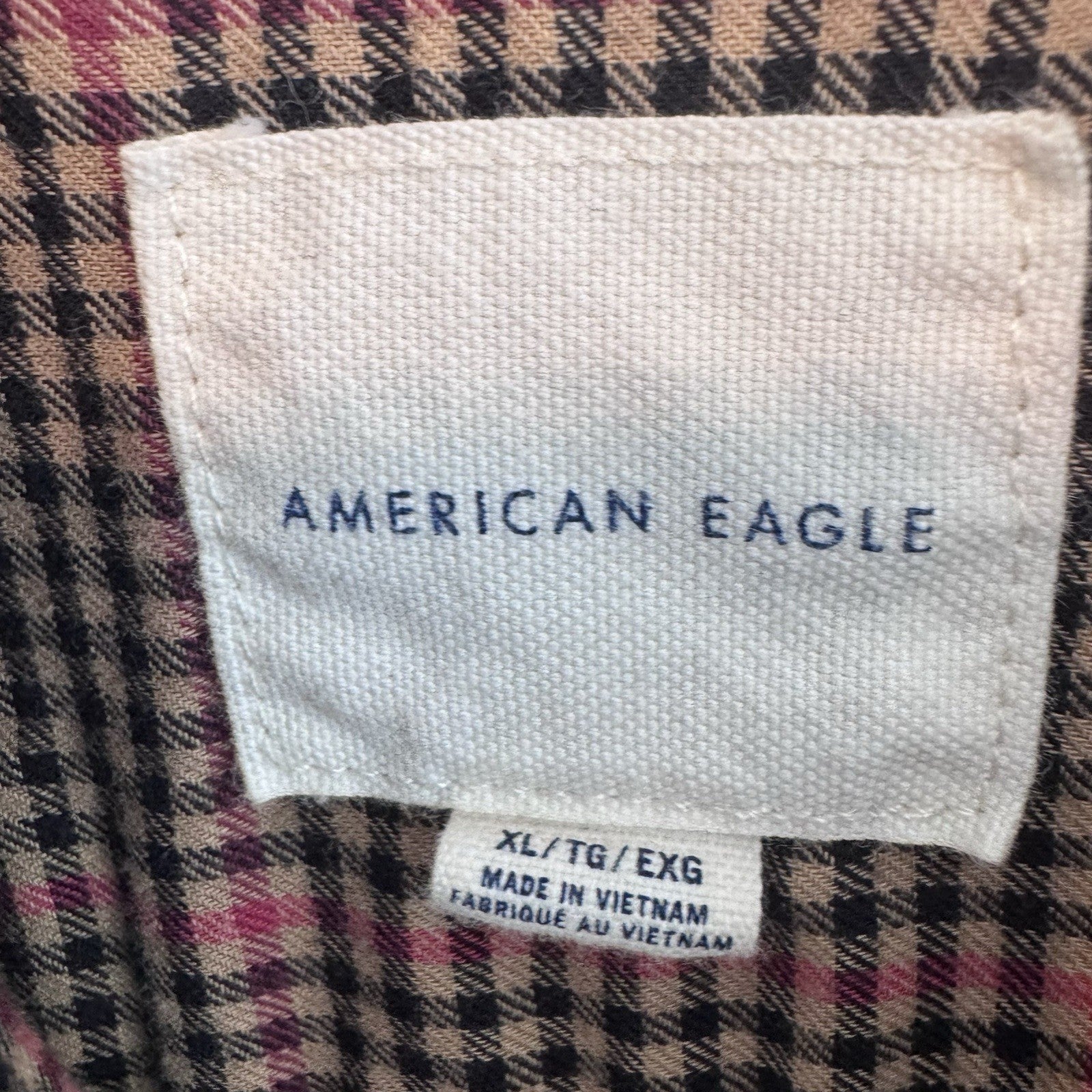 American Eagle XL Plaid Button Up Shirt Pink Tan Black Flannel Y2K