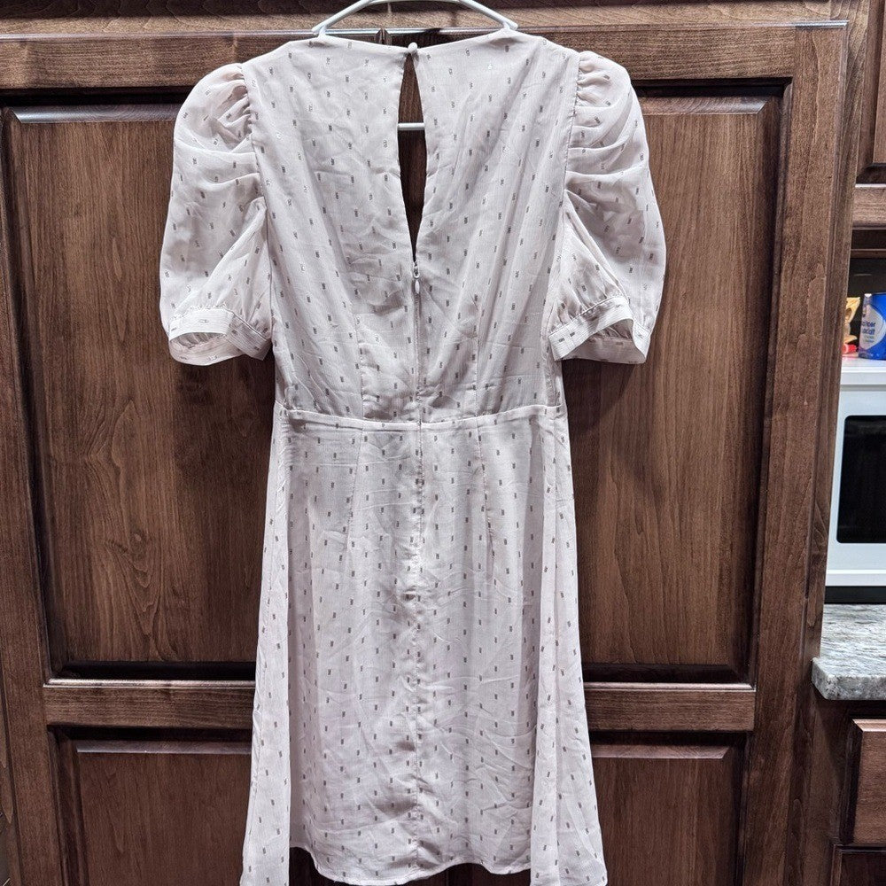 Express Puff Sleeve Midi Dress Women's XS Cream Beige Polka Dot V-Neck Fit