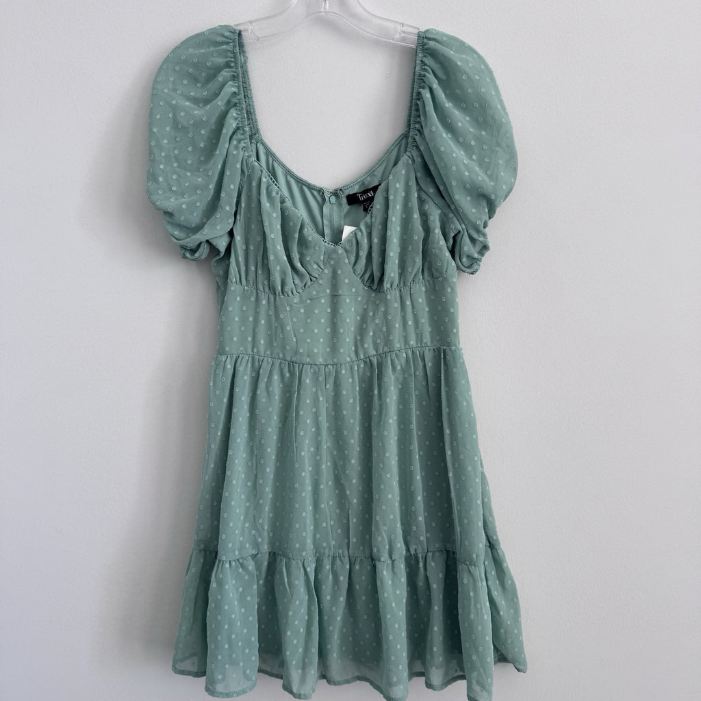 Trixxi Womens S Sage Green Swiss Dot Puff Sleeve Mini Dress NWT