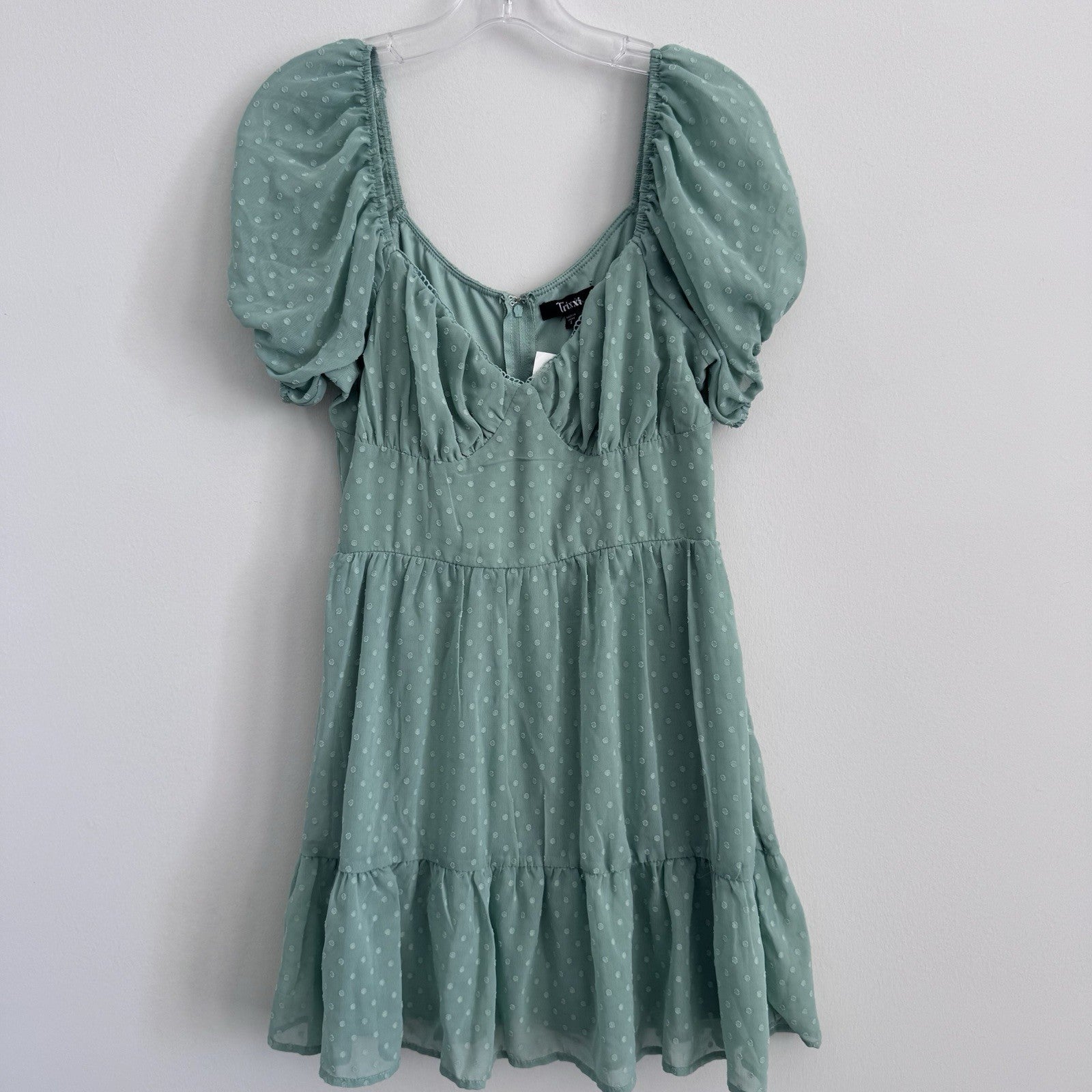 Trixxi Womens S Sage Green Swiss Dot Puff Sleeve Mini Dress NWT