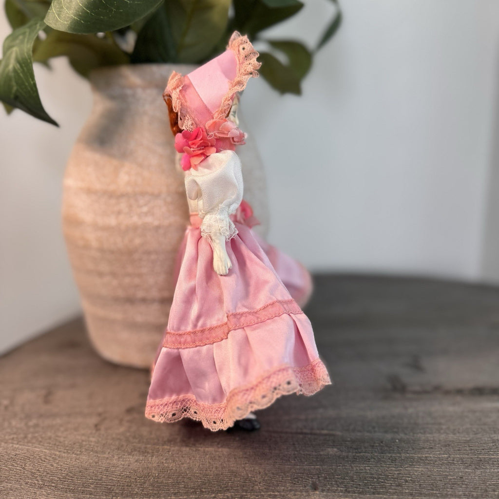 Vintage Bisque Porcelain Doll 8" Southern Belle Pink Satin Lace Dress Bonnet