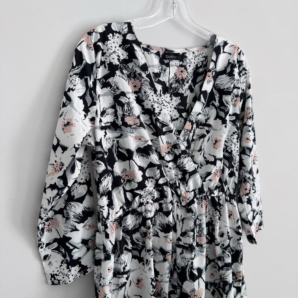 Boohoo Floral Wrap Romper US 8 Black White Pink Long Sleeve NWOT