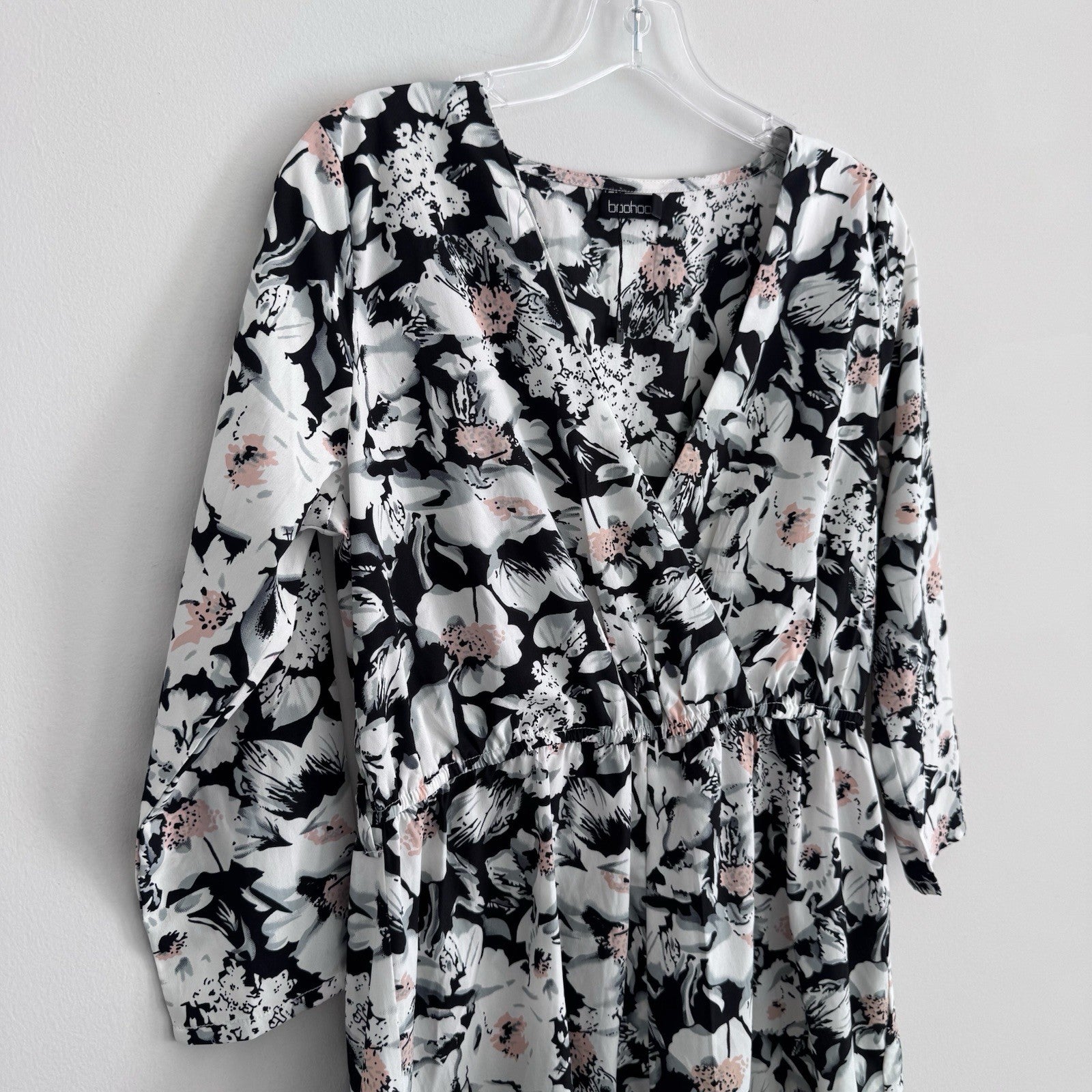 Boohoo Floral Wrap Romper US 8 Black White Pink Long Sleeve NWOT