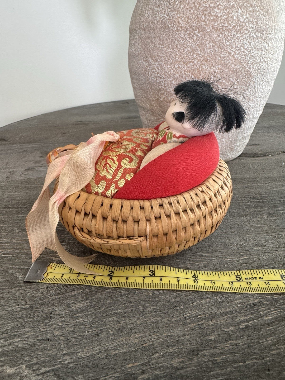 Vintage Japanese Woven Basket Doll Pincushion Geisha Silk Brocade Made in Japan