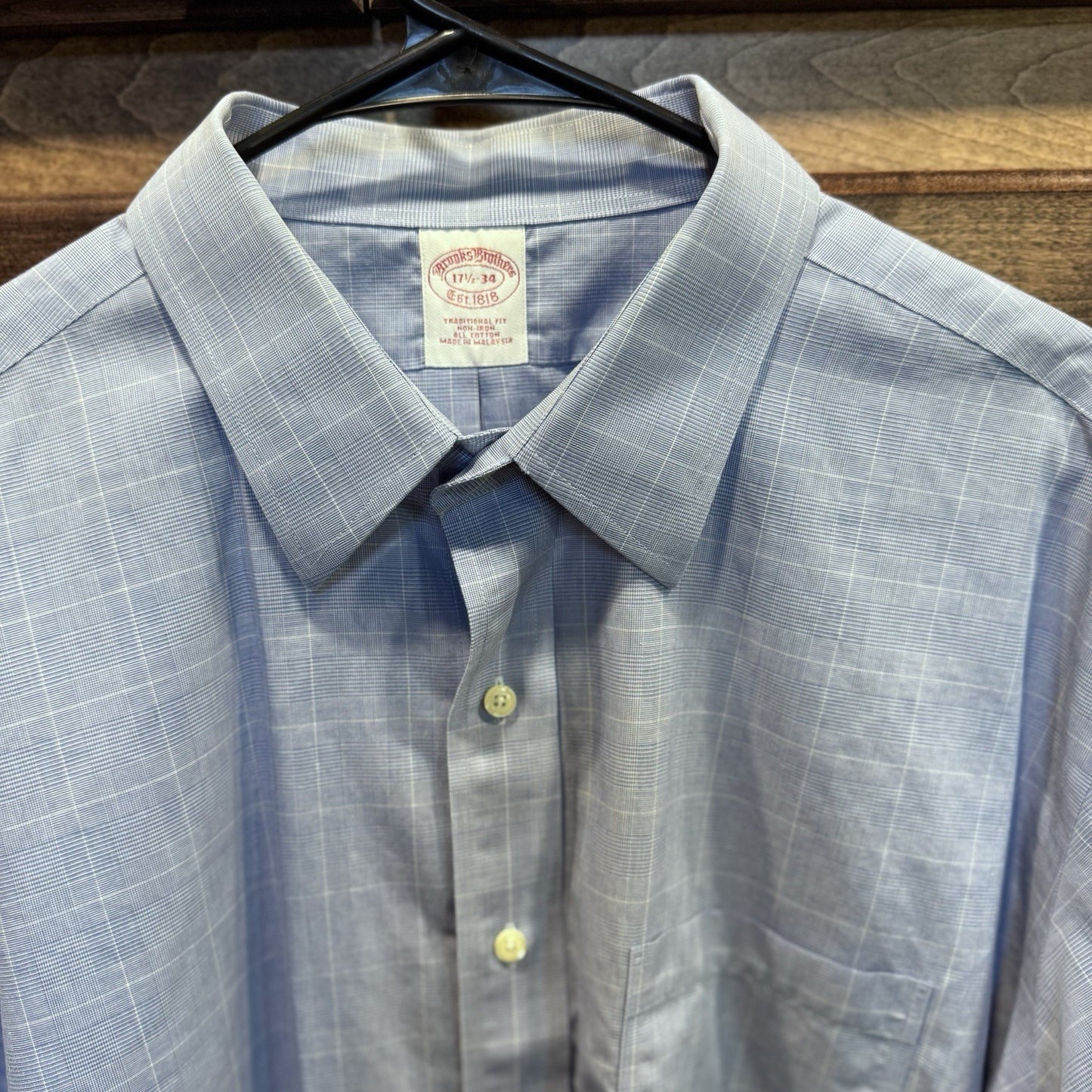 Brooks Brothers All Cotton Traditional Fit Non-iron Dress Shirt 17-34 blue check