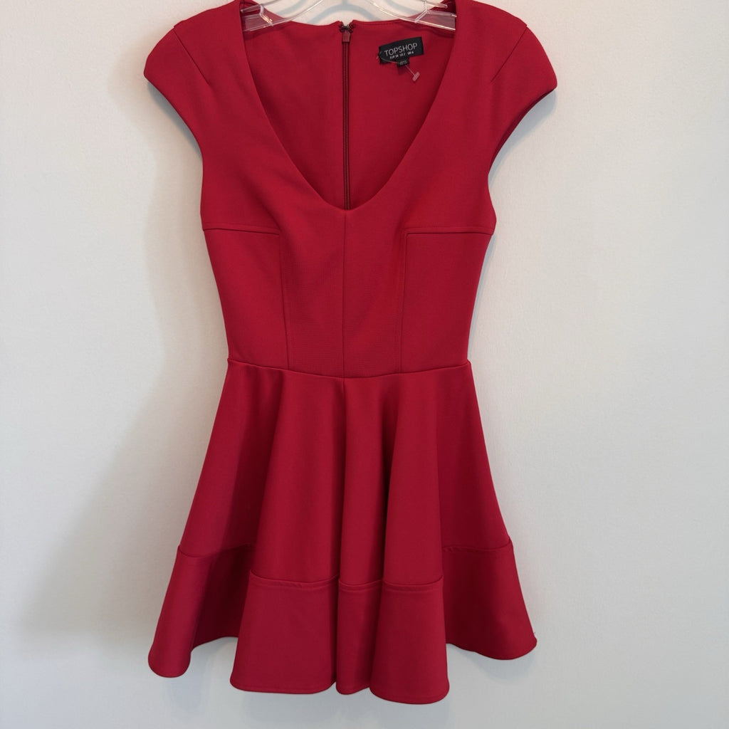 Topshop Womens US 2 Red V-Neck Fit & Flare Mini Skater Dress Cap Sleeve