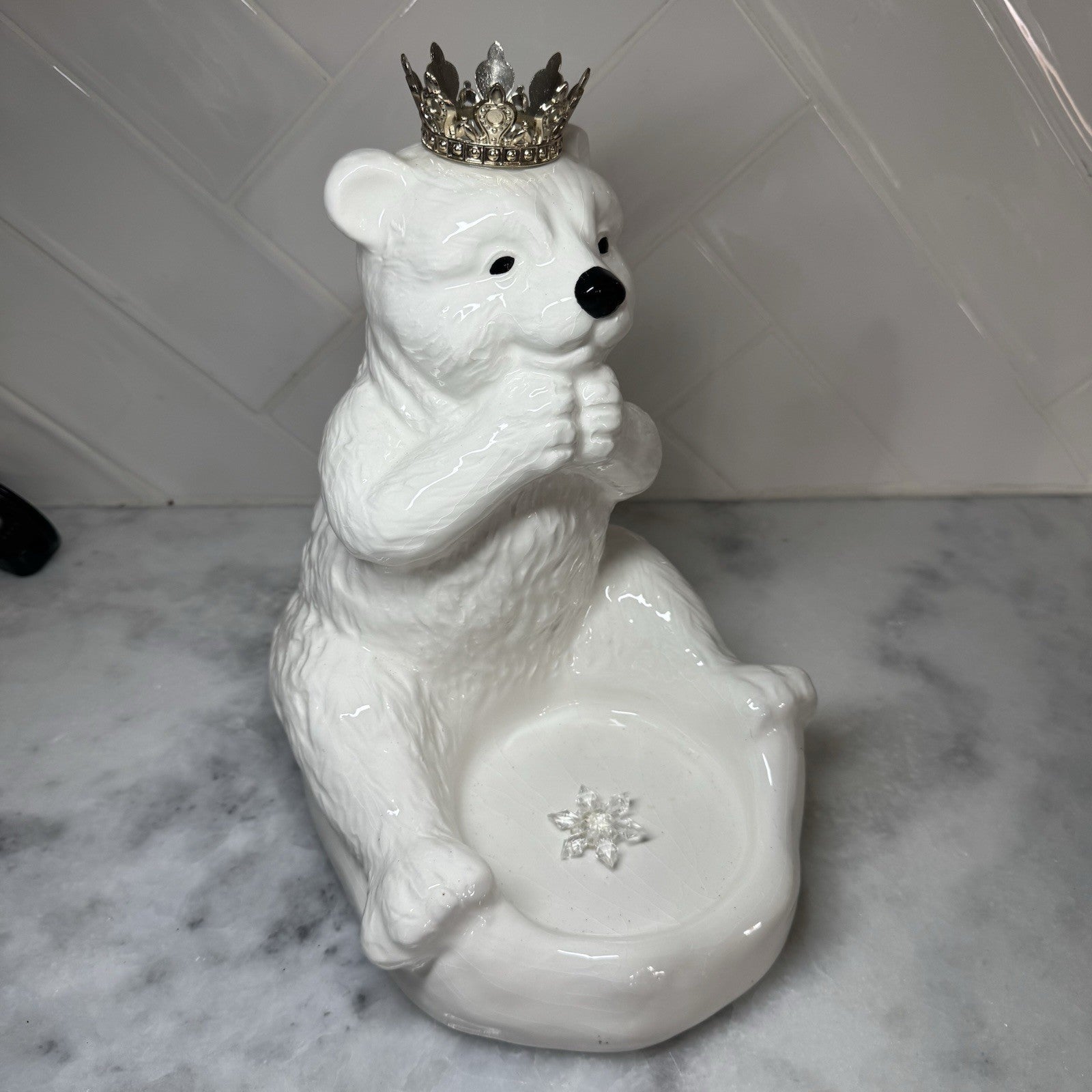 Vintage White Polar Bear Jewelry Dish / Candle Holder w Crown Decor Ceramic