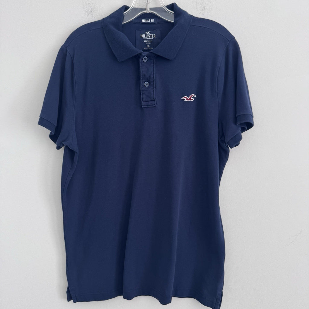 Hollister Epic Flex Muscle Fit Polo Shirt Men XL Navy Blue Stretch Logo