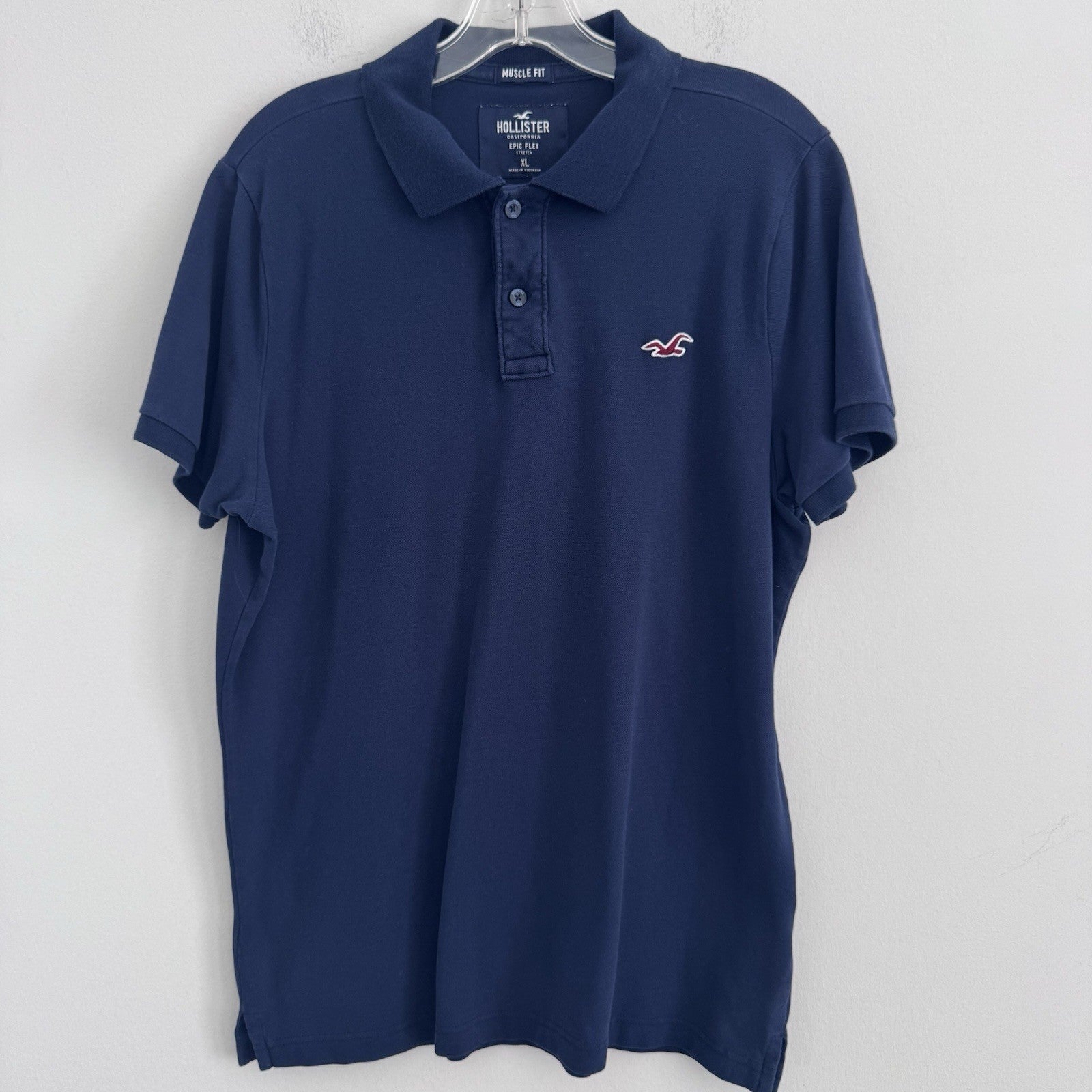 Hollister Epic Flex Muscle Fit Polo Shirt Men XL Navy Blue Stretch Logo