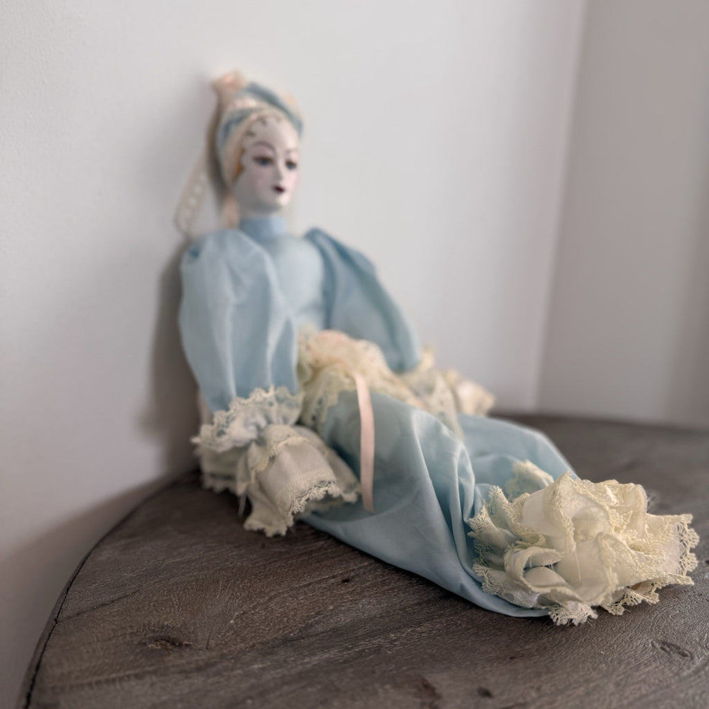 Vintage Porcelain Pierrot Doll Seated Blue Satin Lace French Harlequin 18" Shelf