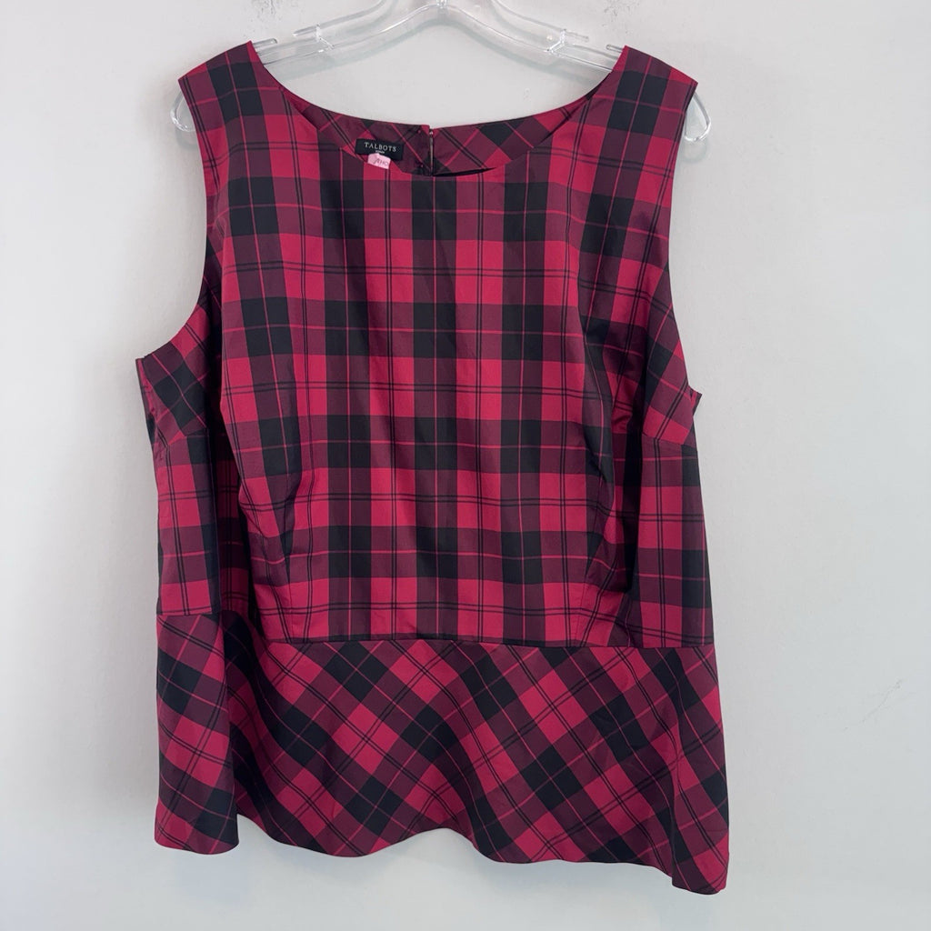 Talbots Woman 18W Red Black Plaid Peplum Sleeveless Blouse Top