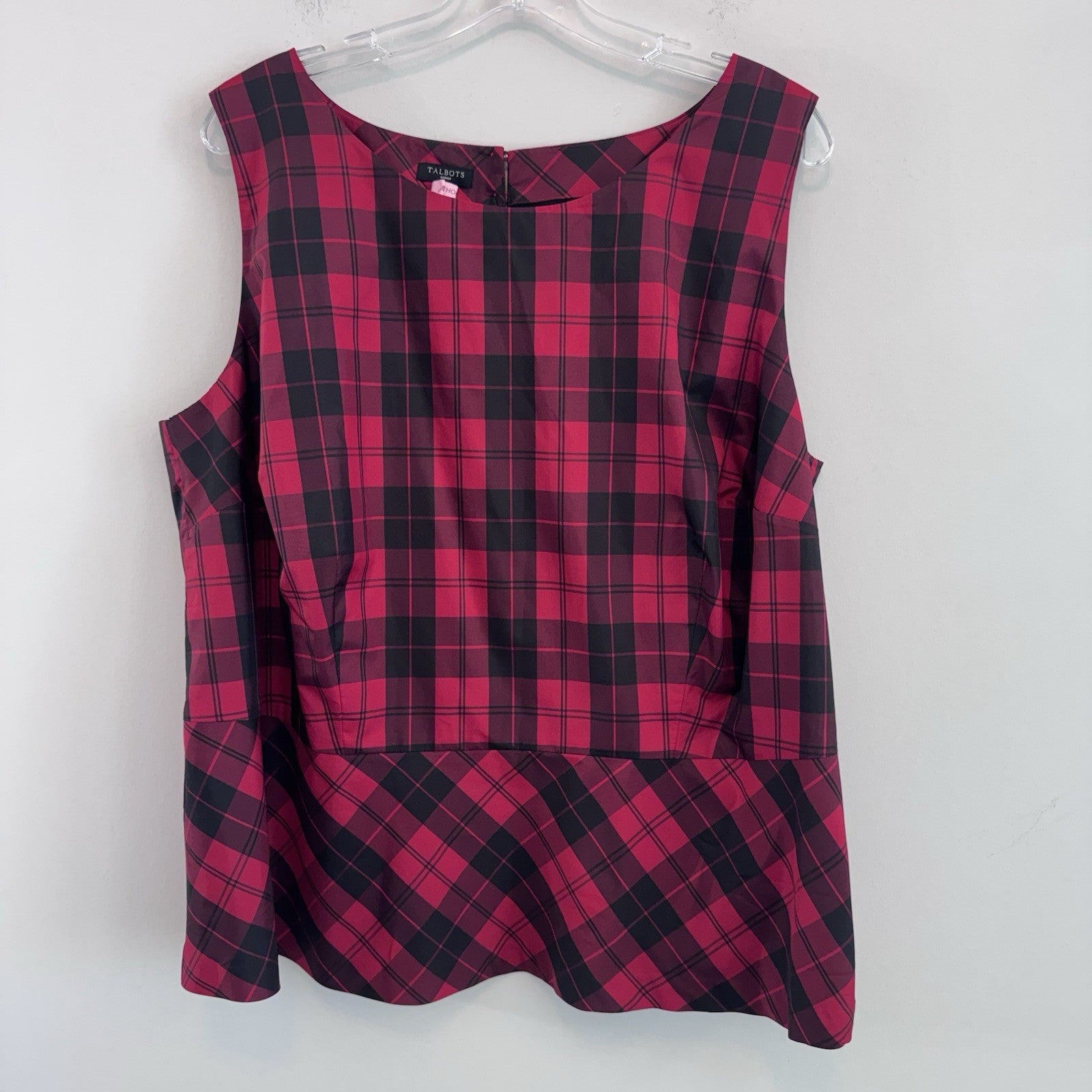Talbots Woman 18W Red Black Plaid Peplum Sleeveless Blouse Top