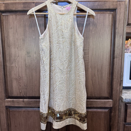 Lilly Pulitzer Gold Embellished Shift Dress XS | Metallic Silk Blend Party 