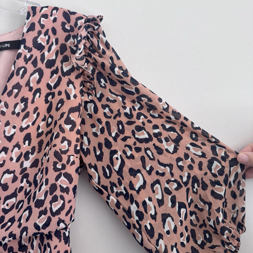 Sugar Lips Leopard Print Dress Small Ruched Ruffle Long Sleeve