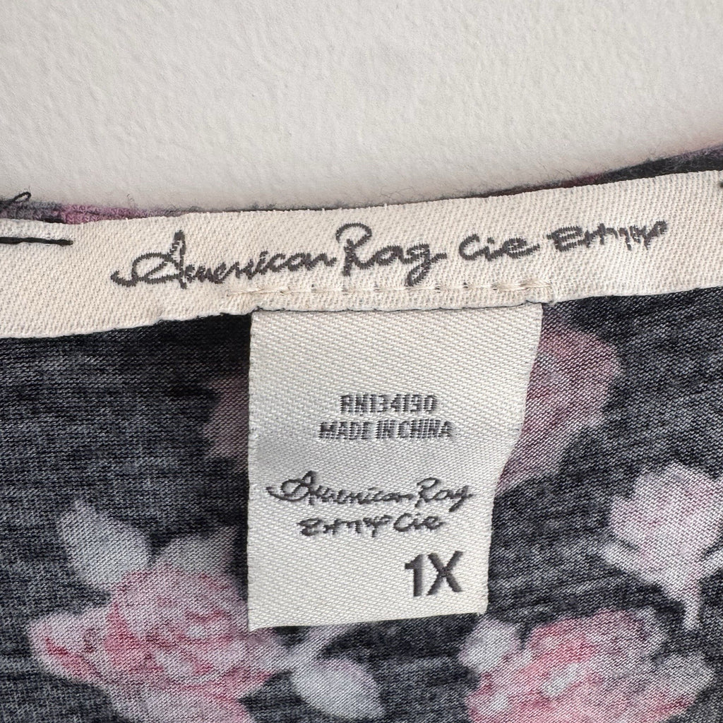 American Rag Floral Tunic Top 1X Black Pink Roses Boho Handkerchief Hem Women’s