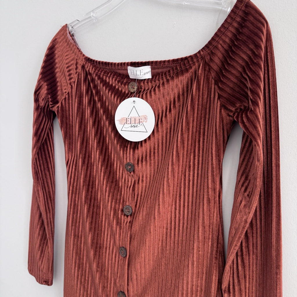NWT Elle Rae Naomi Ribbed Velvet Dress Rust Button Front M Long Sleeve Bodycon