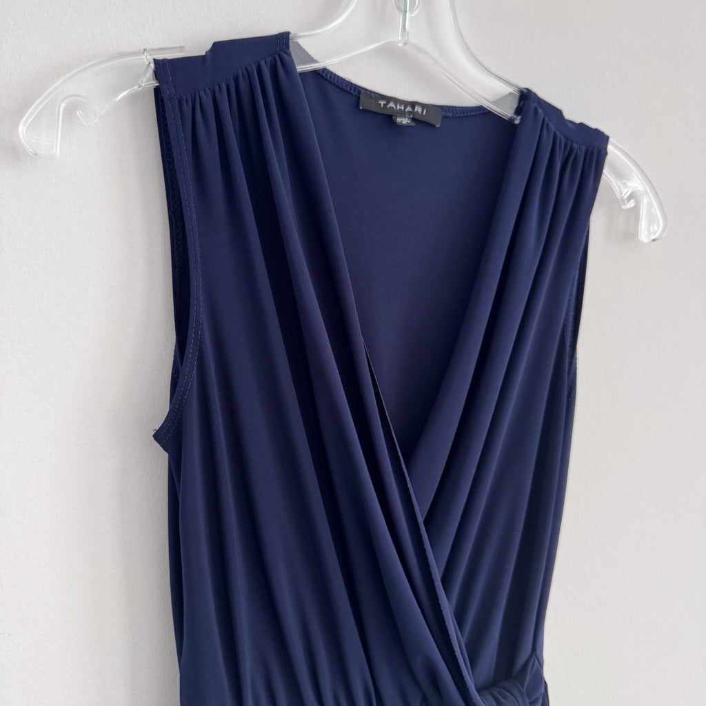 Tahari Blue Wrap Dress S Sleeveless V Neck Tie Waist Made USA