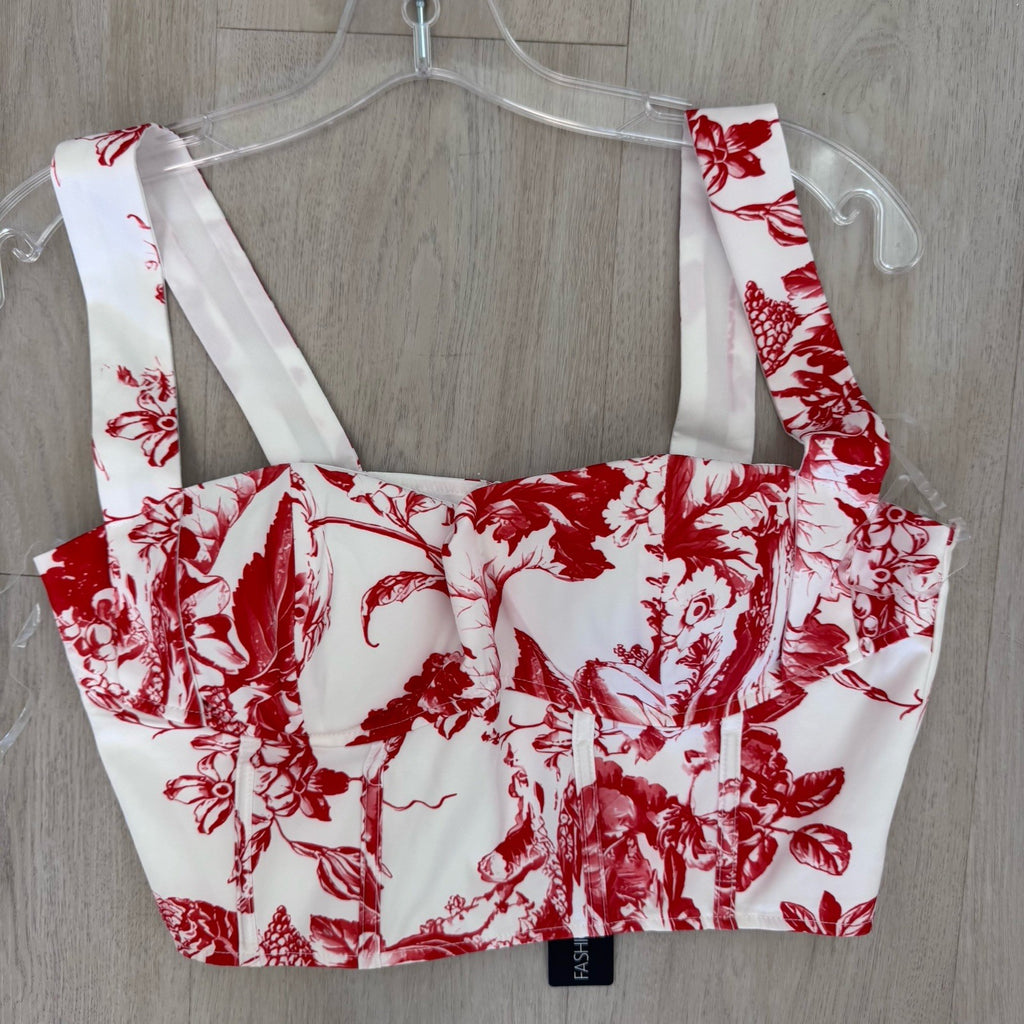 Fashion Nova Floral Corset Top White Red Size L NWT Bustier Y2K