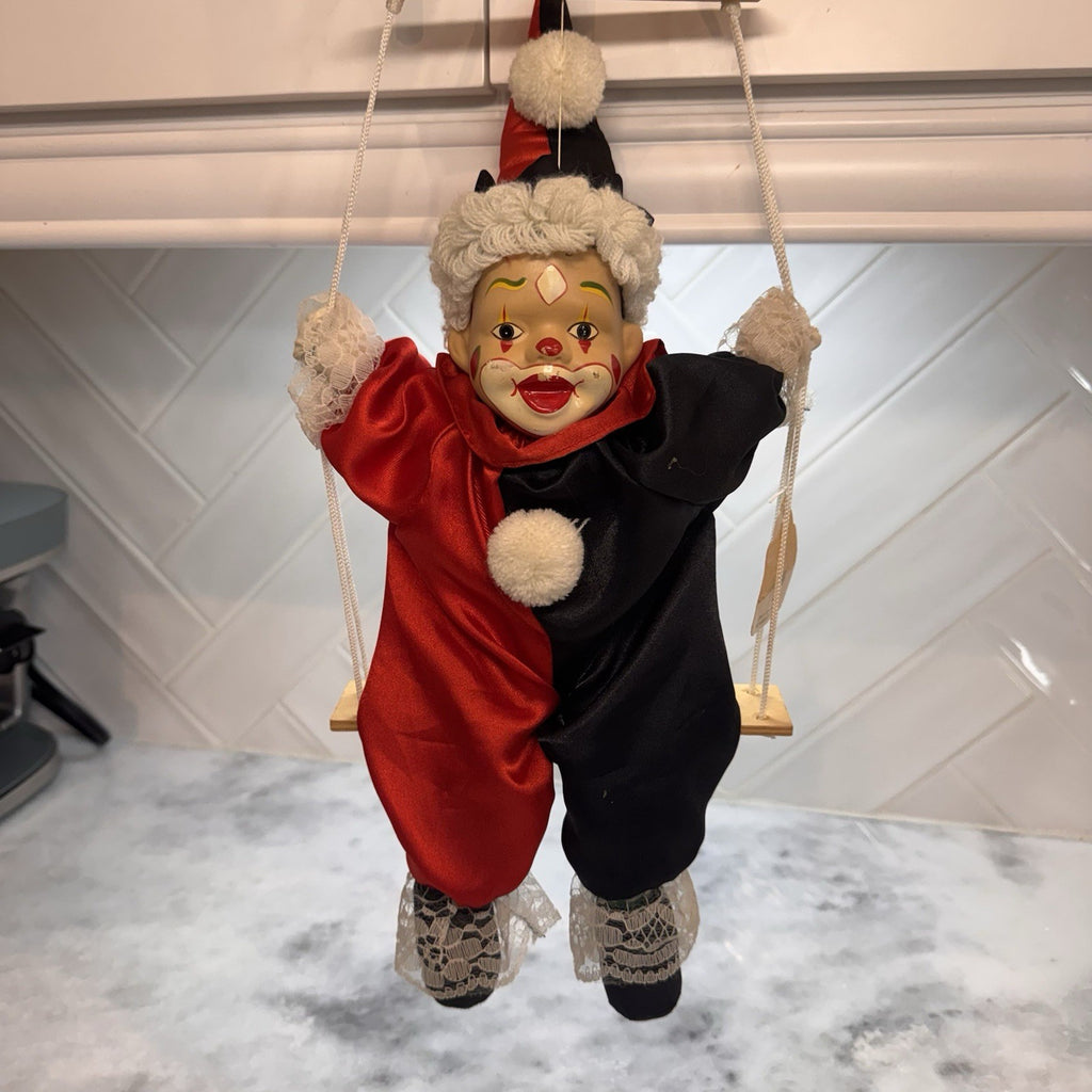 Vintage BVI Inc Porcelain Face Clown on Wooden Swing Red Black Harlequin Jester