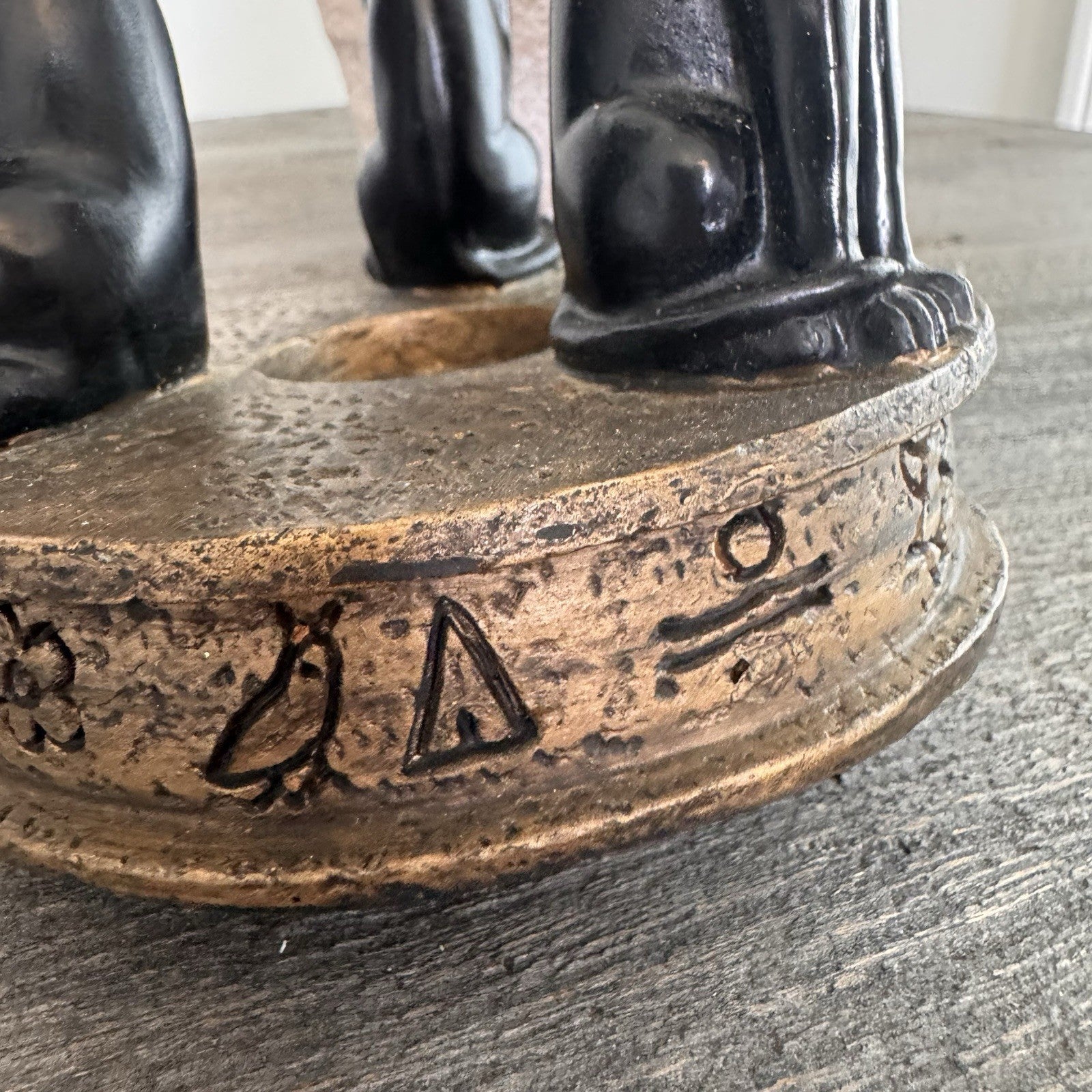 Egyptian Bastet Cat Candle Holder Trio Black Gold Resin Hieroglyphics Base
