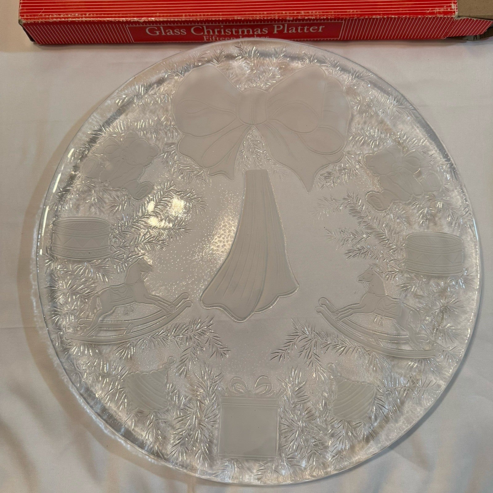Mikasa Crystal Hostess Platter Christmas Bow Toys 15” in Original Box Presents