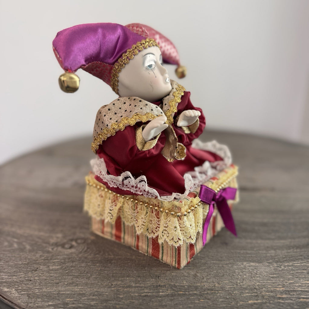 Set of 2 Vintage Porcelain Jester Dolls 16" & 8" Harlequin Musical Jack in Box