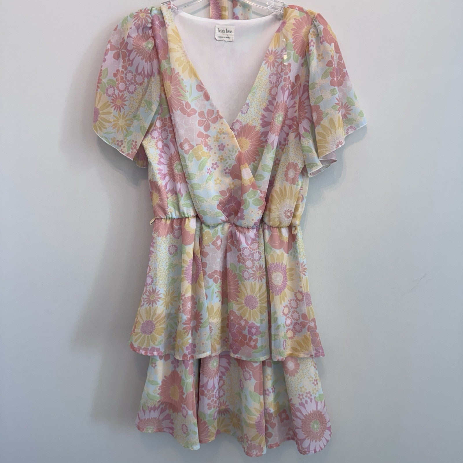 Peach Love Floral Dress Womens M Boho Cottagecore Belted Pastel