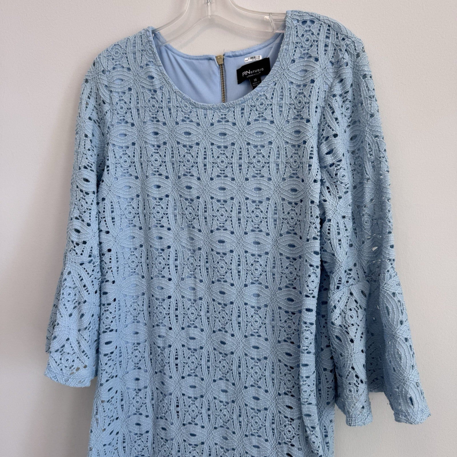 RN Studio Blue Lace Shift Dress Women’s Size 14 Bell Sleeve Lined Zip Back