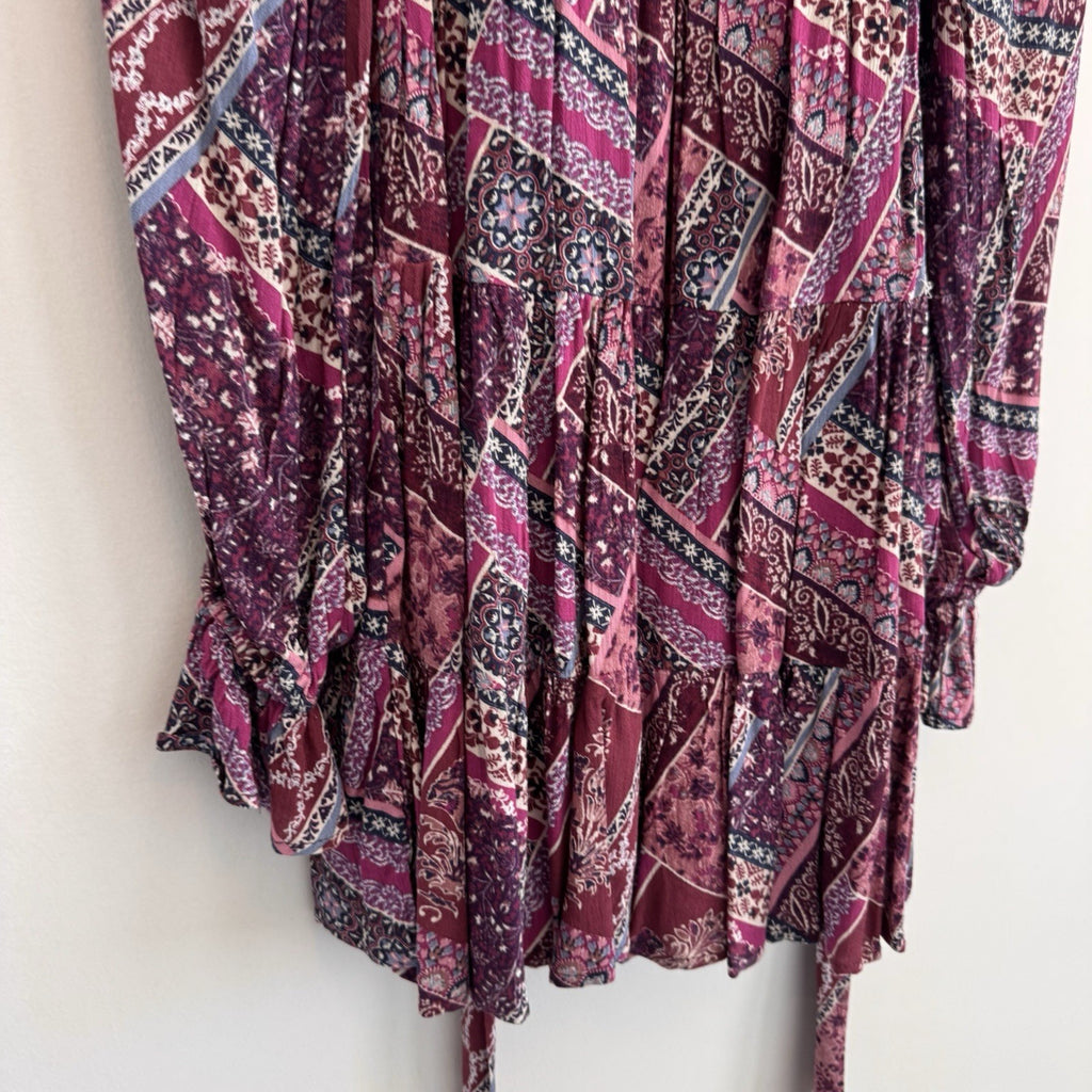 NWT Aura Shop Red Dress XS Purple Boho Patchwork Smocked Long Sleeve Mini Dress