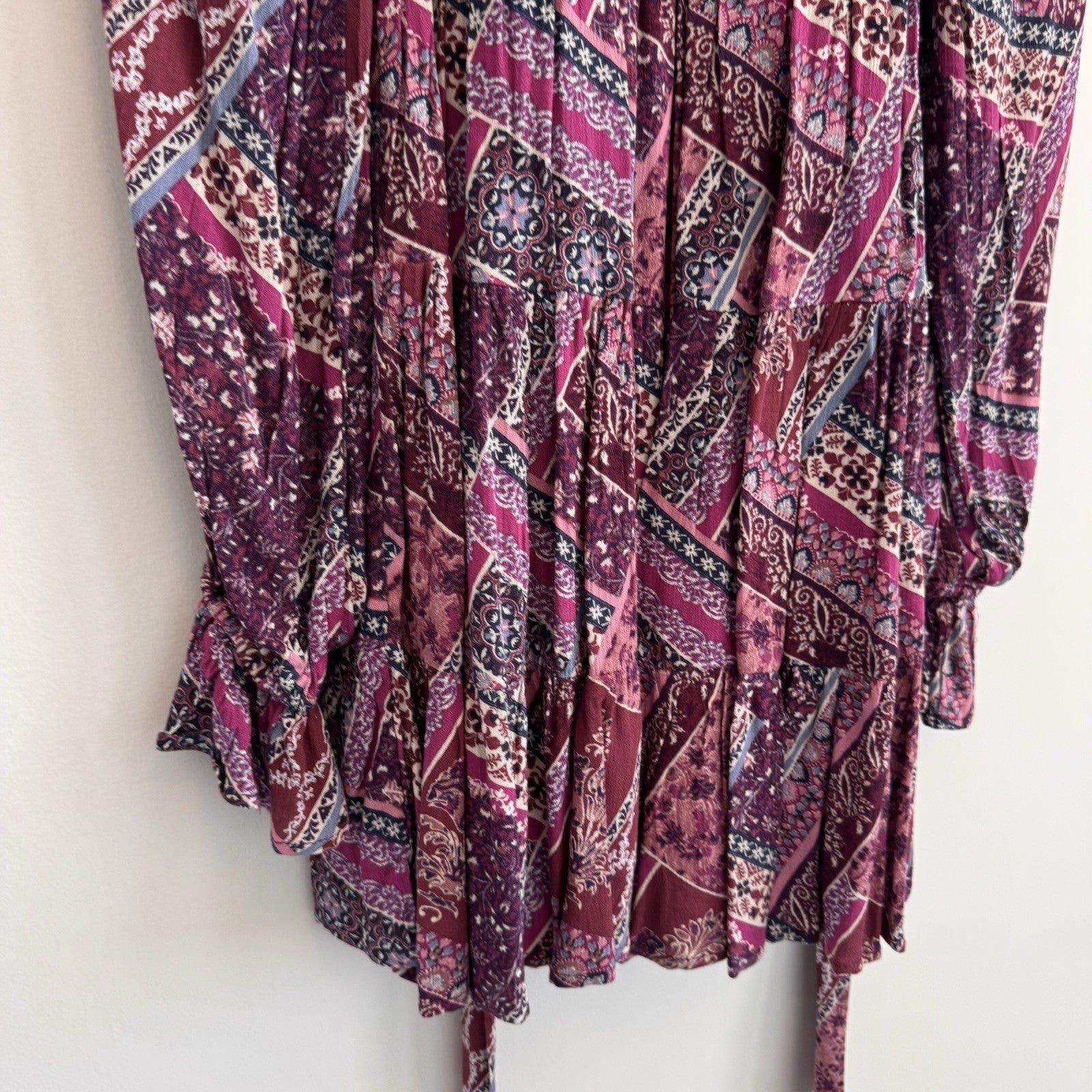 NWT Aura Shop Red Dress XS Purple Boho Patchwork Smocked Long Sleeve Mini Dress