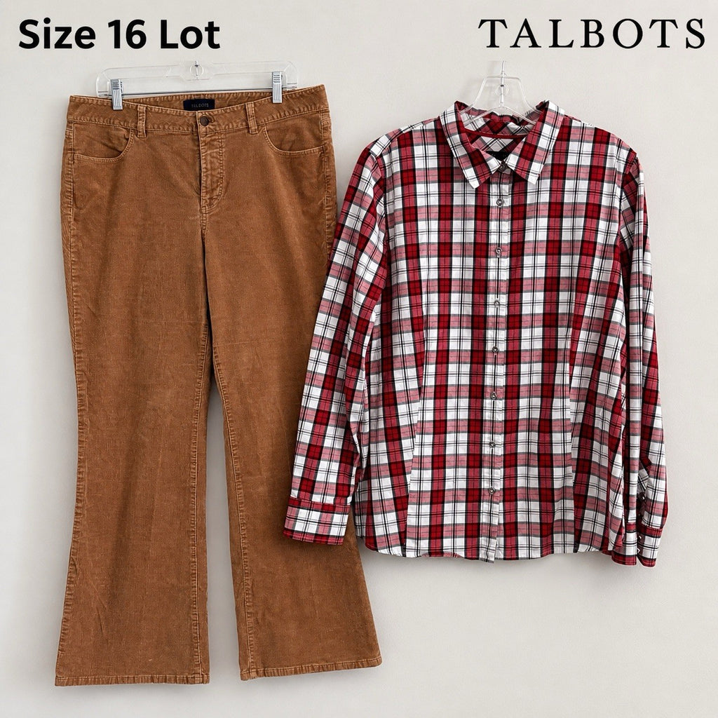 Talbots Women Size 16 Lot 2 Shirt Pants Corduroy Plaid Casual Career
