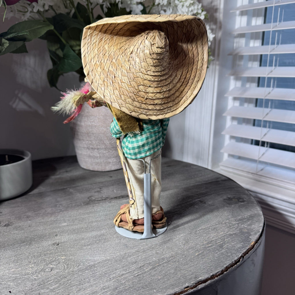 VTG Mexican Folk Art Cloth Dolls Pair Hand Painted Man Woman Handmade Straw Hat