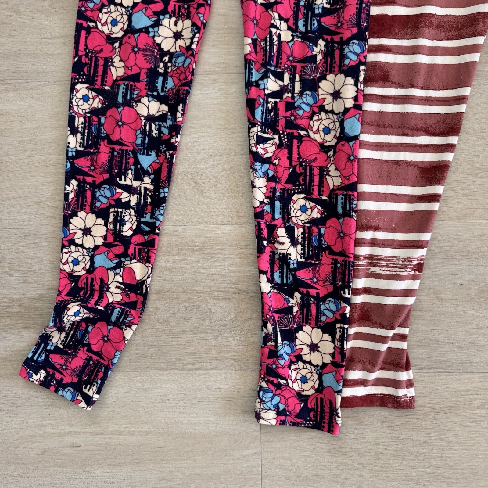 LuLaRoe Leggings Lot of 3 OS Floral Stripe Teal Buttery Soft Women’s