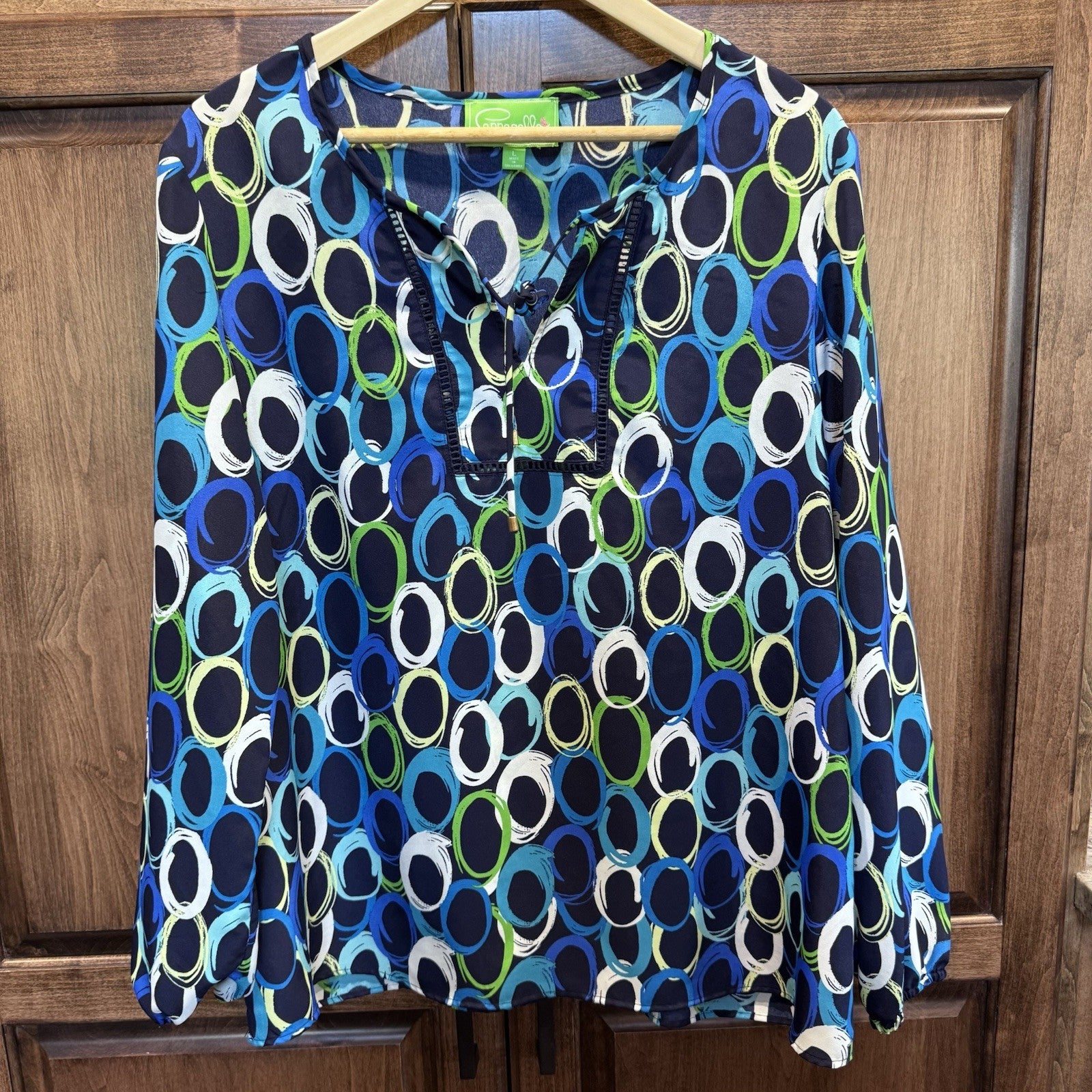 Pappagallo Boho Blouse Women’s Size L Colorful Circle Print Tie Neck 