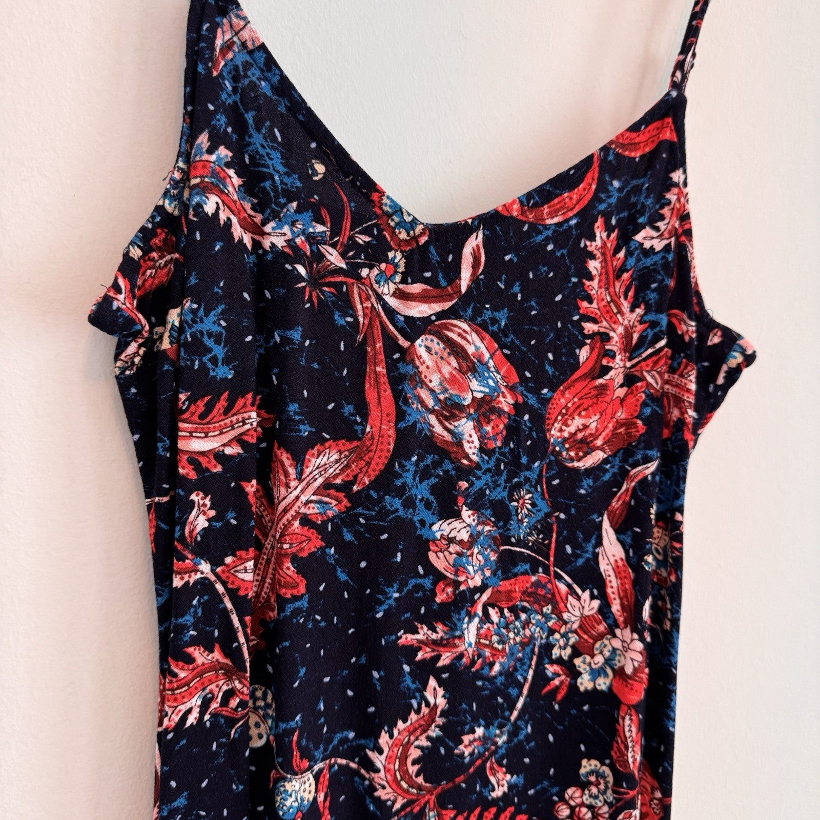 Express Floral Slip Dress Small Navy Red Boho Midi Spaghetti Strap Rayon Women’s