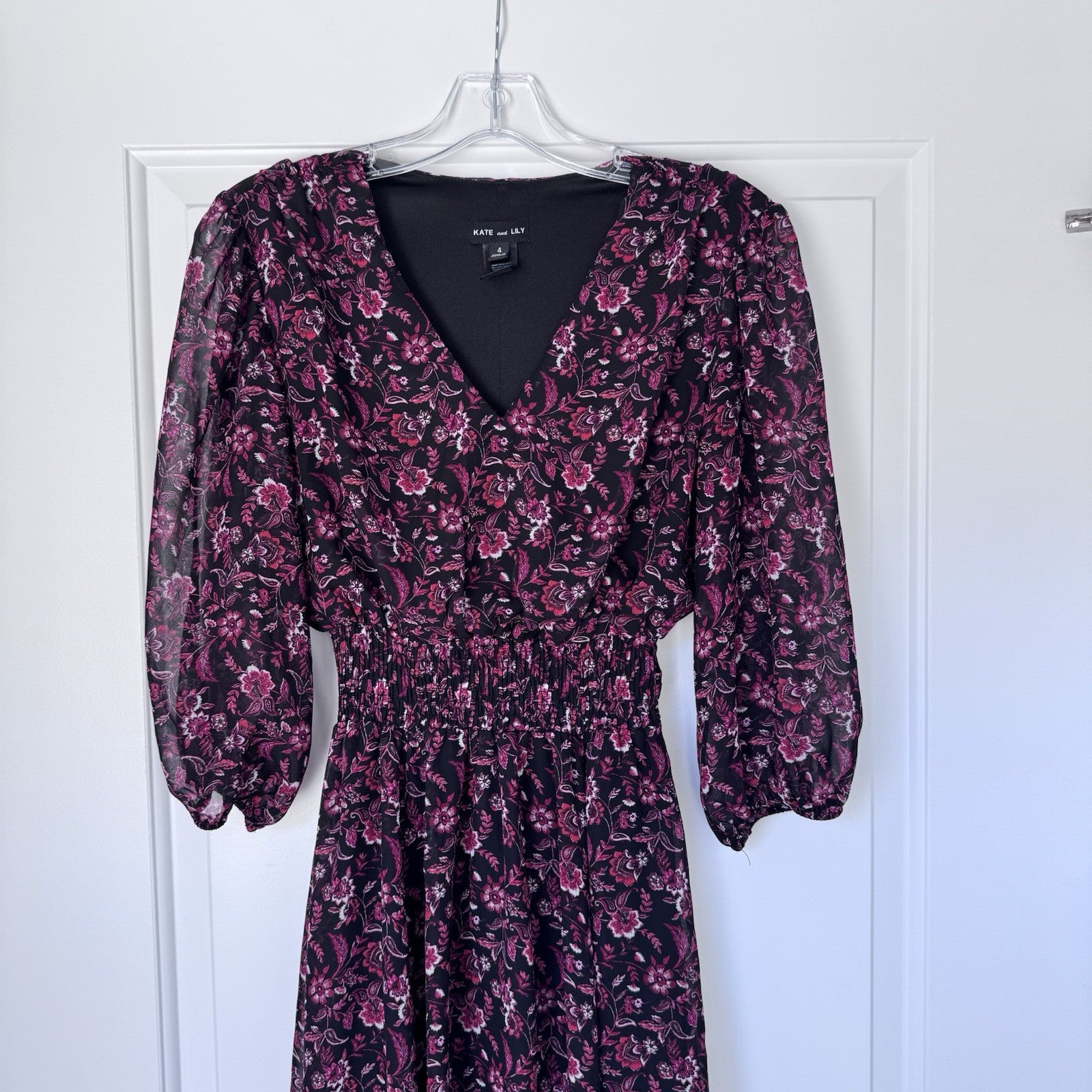 Kate and Lily Dress Size 4 Black Red Floral Midi Sheer Sleeve Smocked Waist