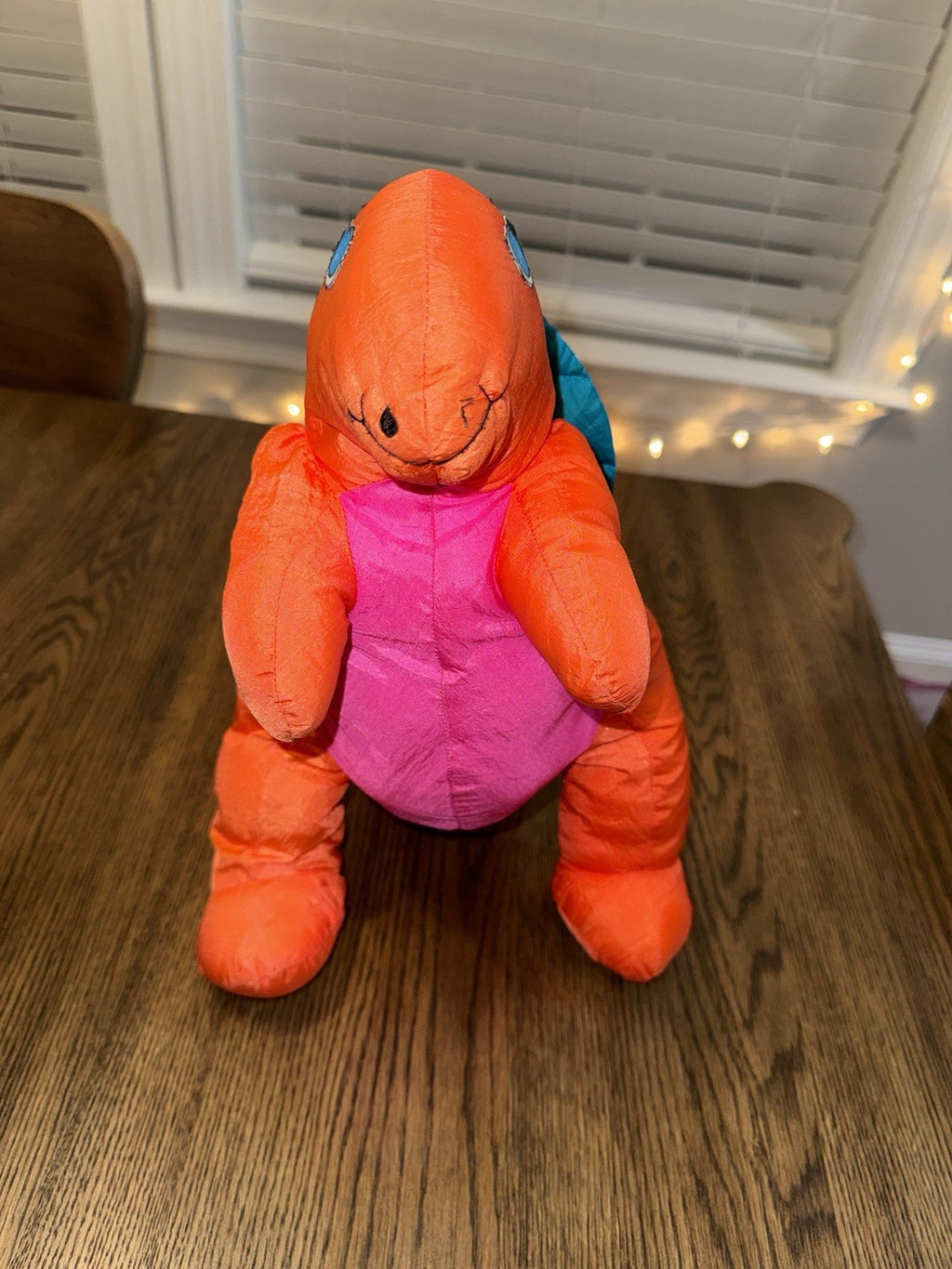 Vintage International Silver Co Dinosaur plush Nylon Orange Aqua Pink 13" Puff