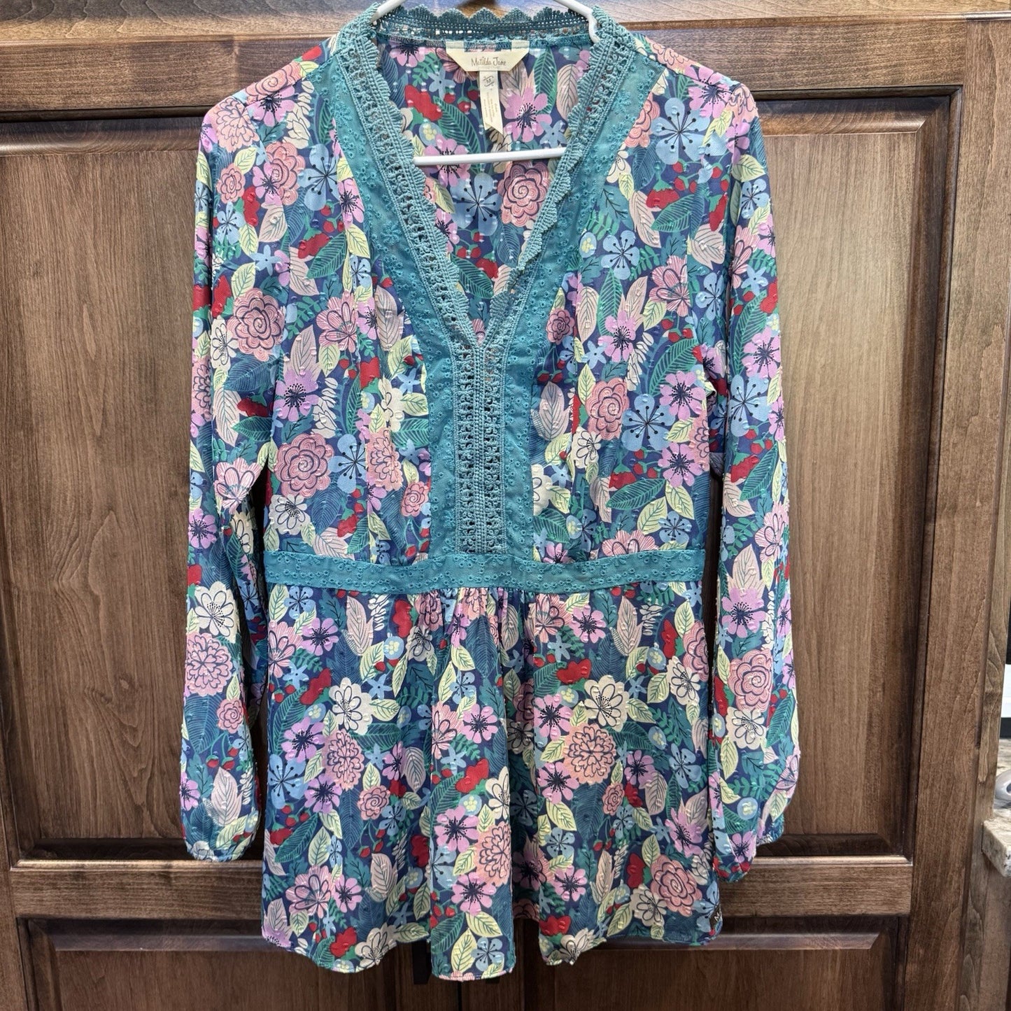 Matilda Jane Floral Long Sleeve Boho Blouse Top Size M Lace Trim Multicolor