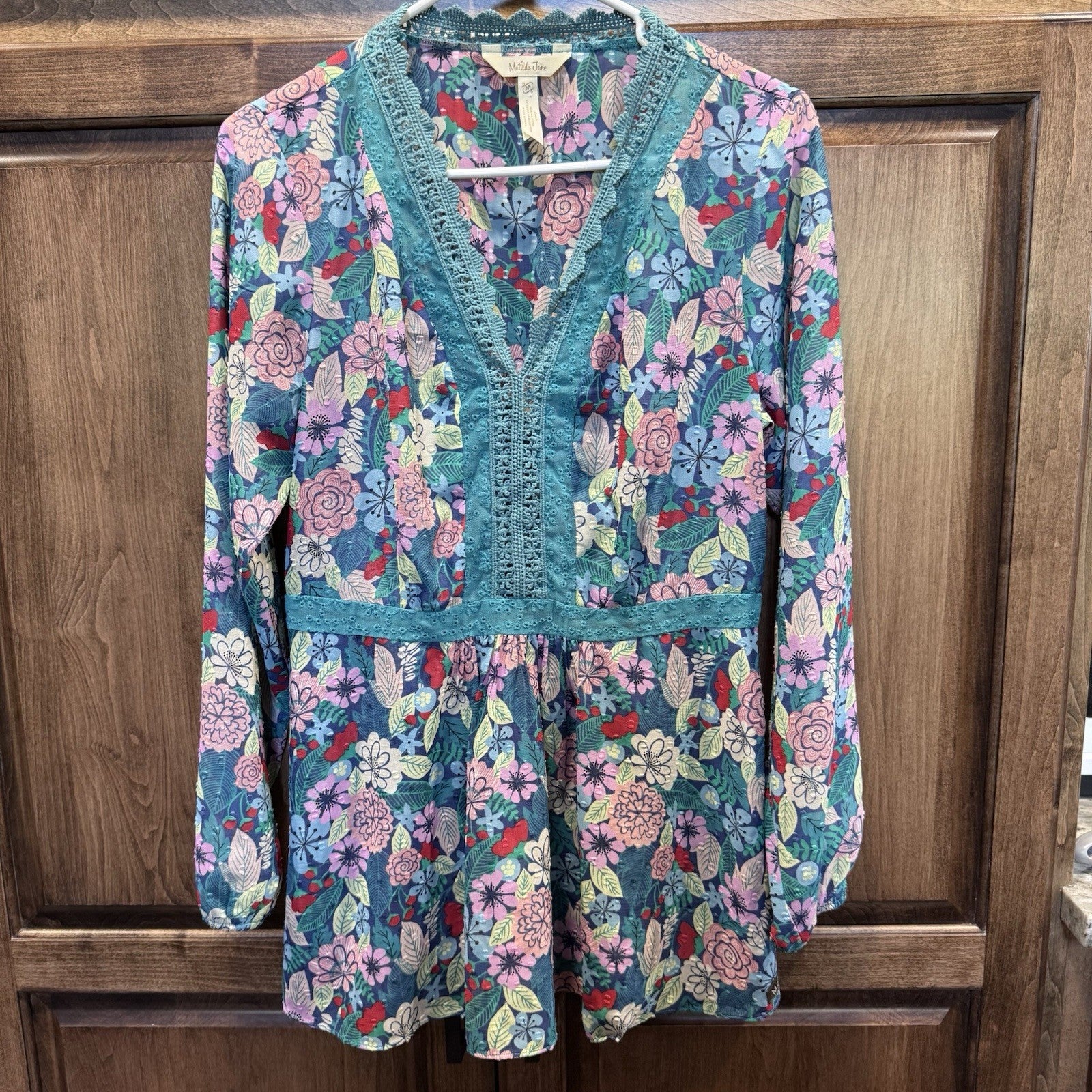 Matilda Jane Floral Long Sleeve Boho Blouse Top Size M Lace Trim Multicolor