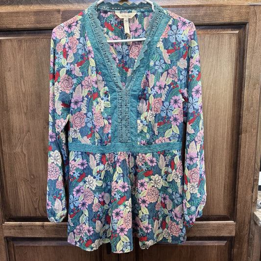 Matilda Jane Floral Long Sleeve Boho Blouse Top Size M Lace Trim Multicolor