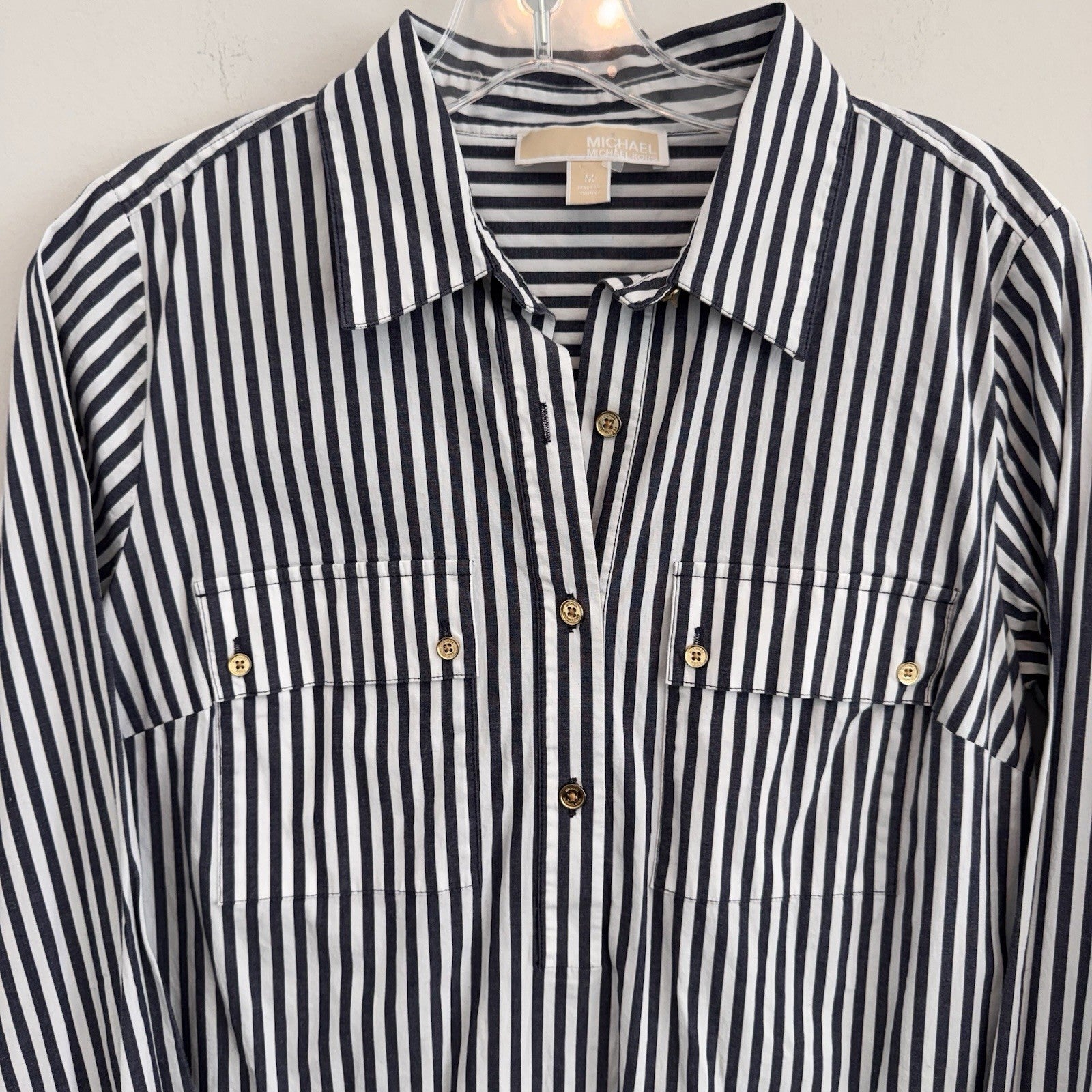 MICHAEL Michael Kors Women's Medium Navy White Striped Shirt Dress Pockets Gold