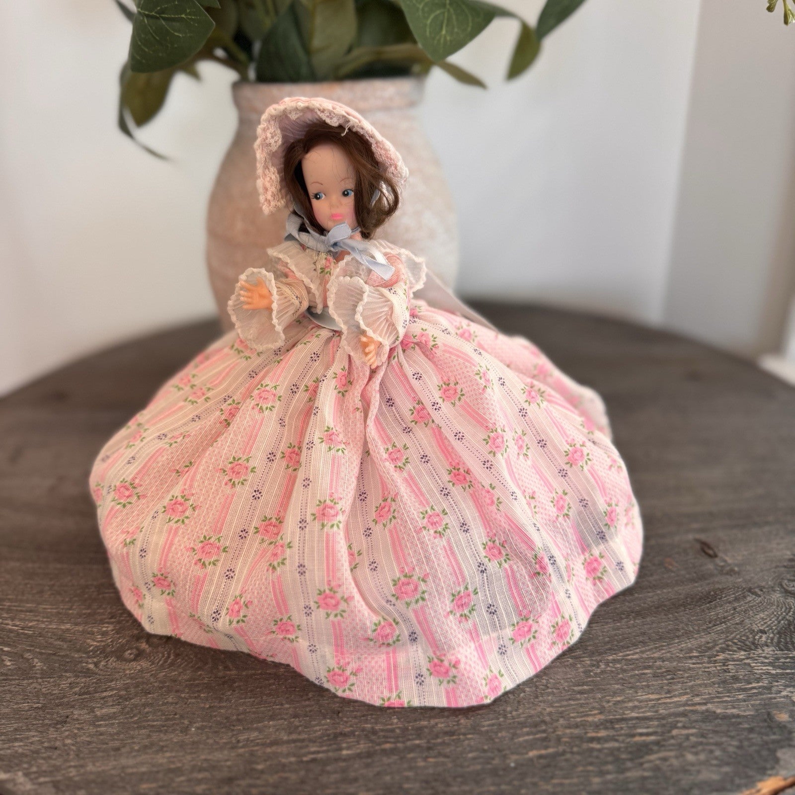 Vintage Southern Belle Souvenir Doll 8.5" Pink Rose Floral Gown Lace Bonnet 1950