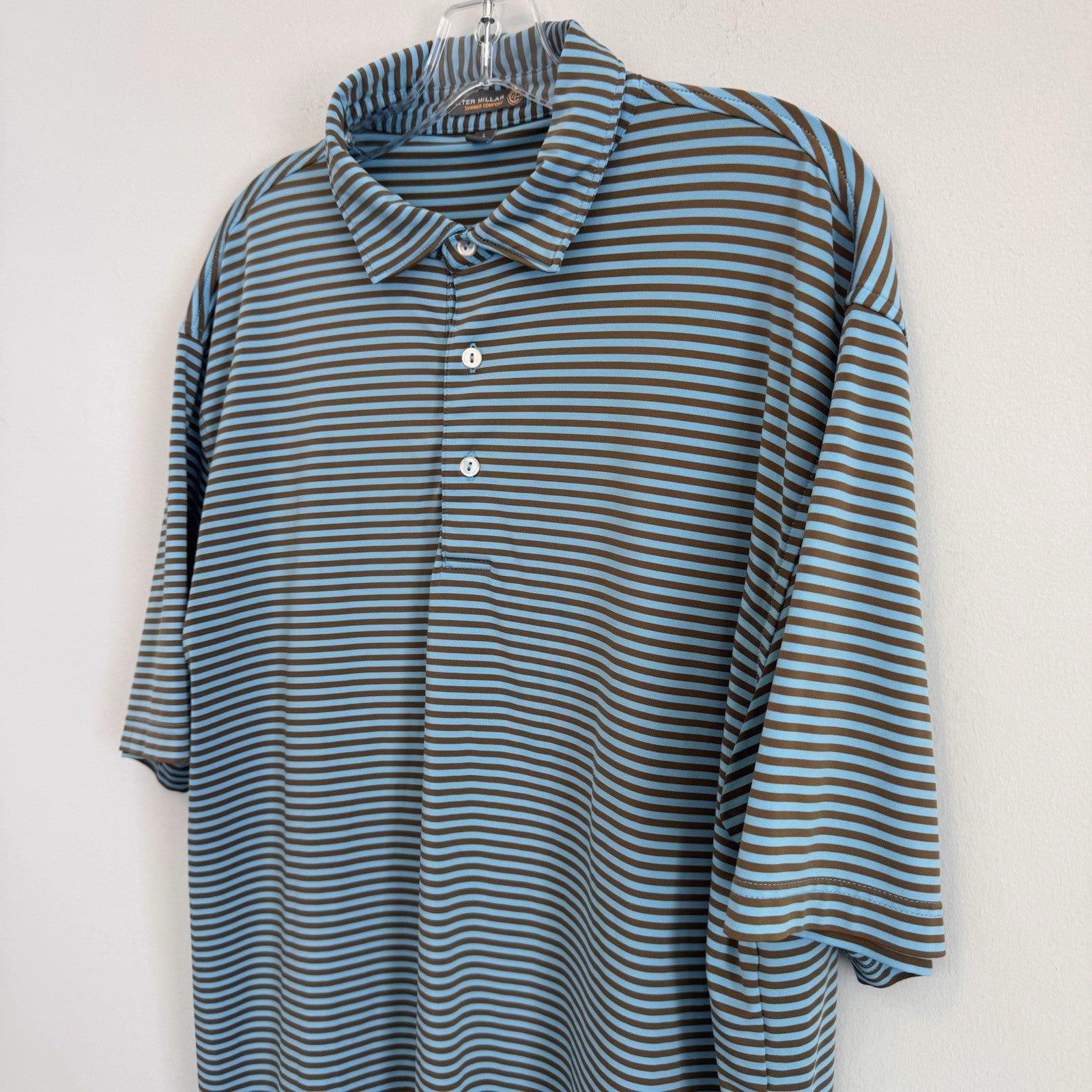 Peter Millar Summer Comfort Polo Shirt Mens Large Blue Brown Striped Golf
