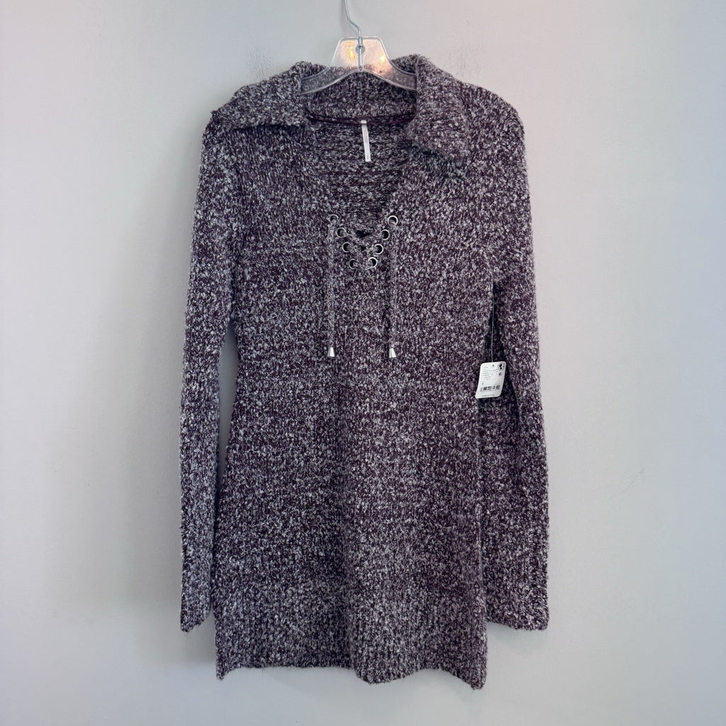 NWT Free People Sweater Dress Medium Boucle Lace Up Tunic Boho Cozy Purple Women