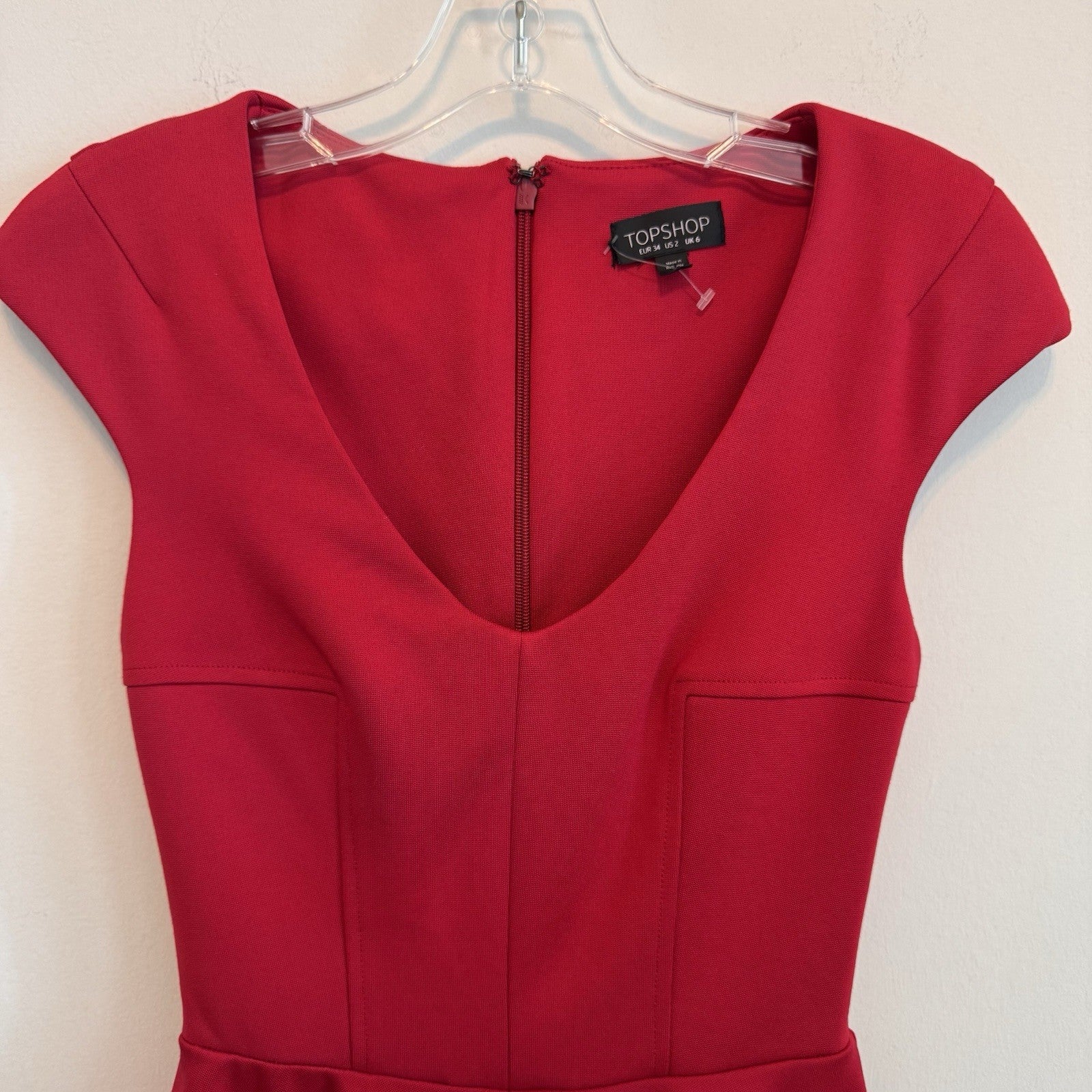 Topshop Womens US 2 Red V-Neck Fit & Flare Mini Skater Dress Cap Sleeve